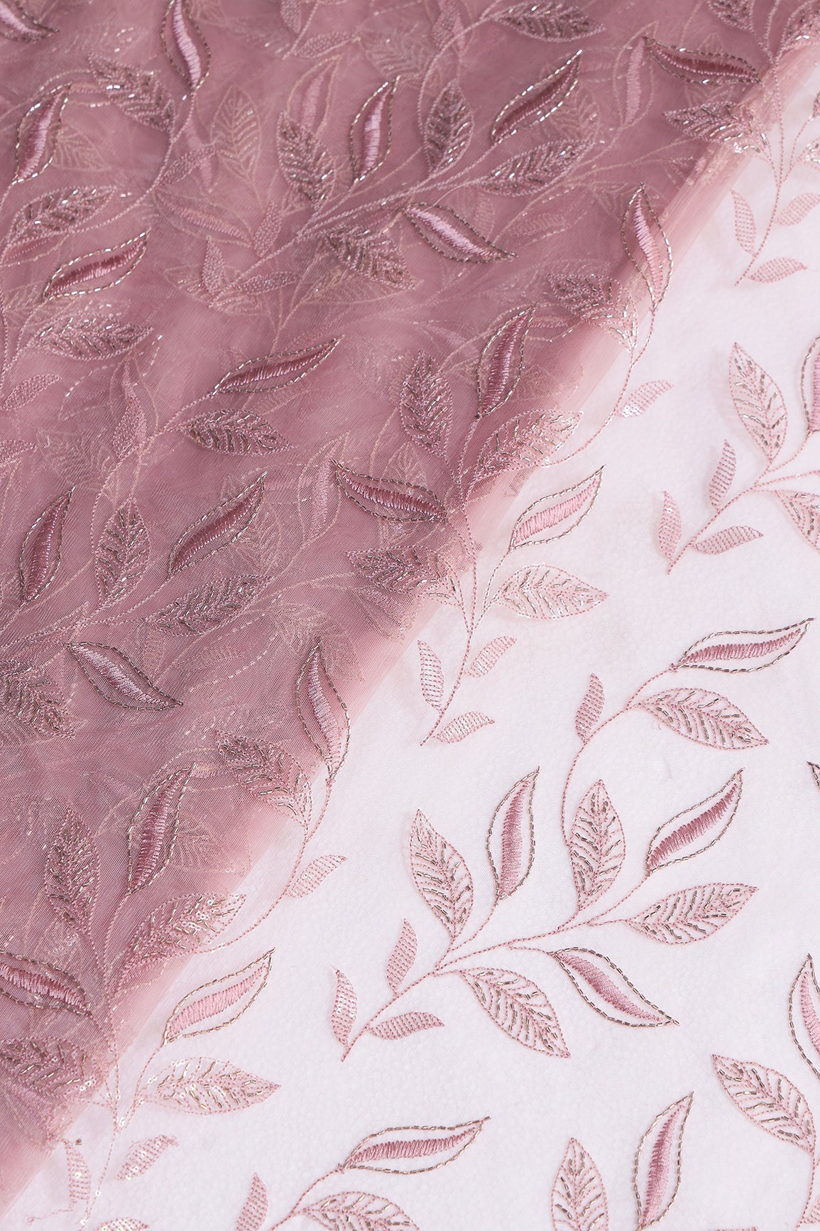 Dusty Pink Thread & Beads With Water Sequins Leafy Embroidery Work On Dusty Pink Soft Net Fabric - doeraa