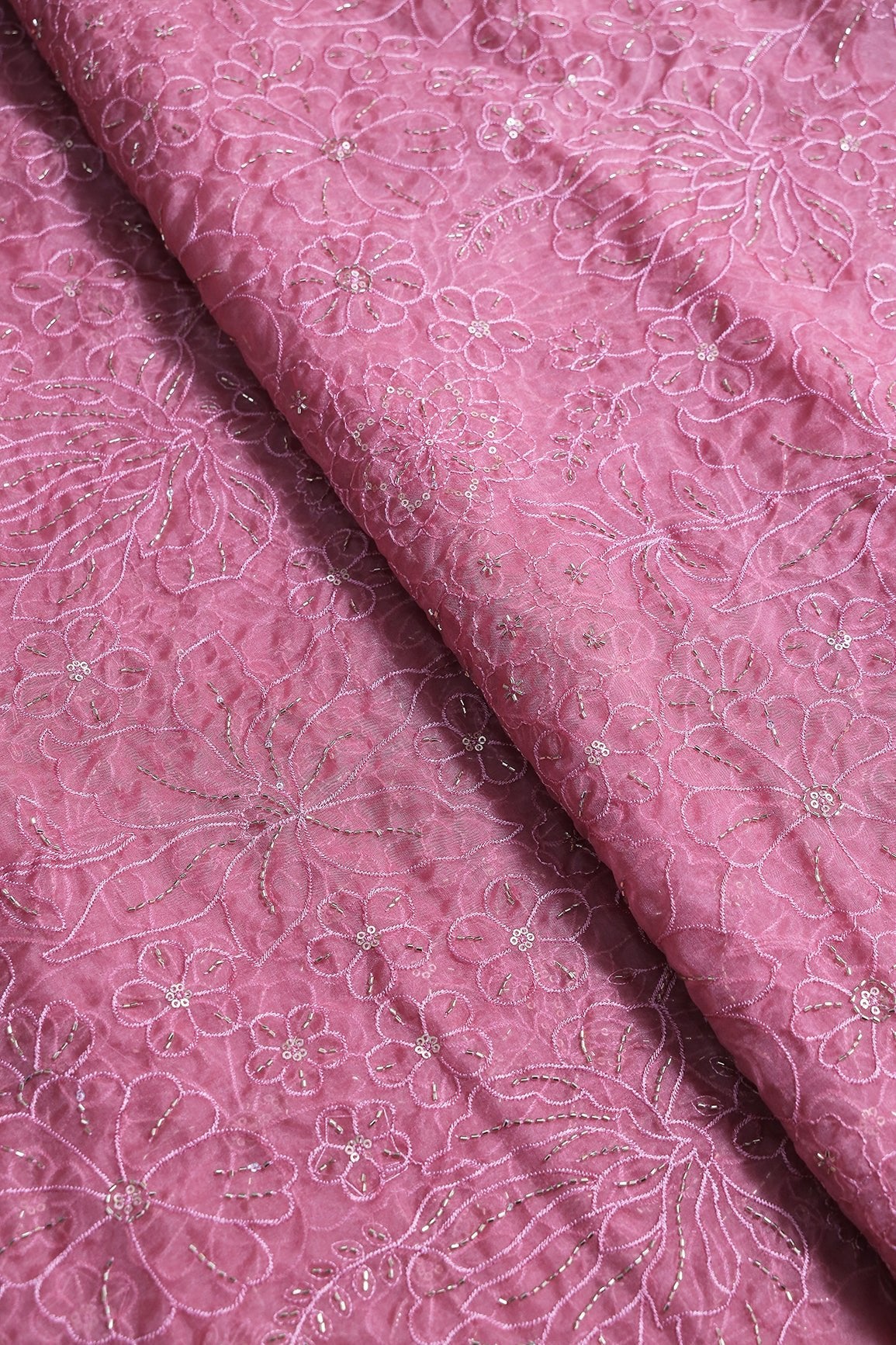 Dusty Rose Pink Thread & Beads With Sequins Floral Embroidery Work On Dusty Rose Pink Organza Fabric - doeraa