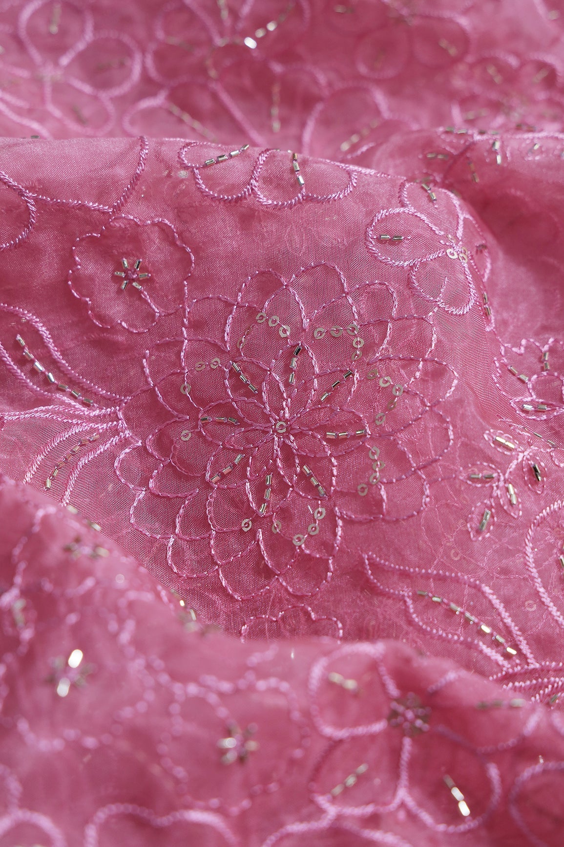 Dusty Rose Pink Thread & Beads With Sequins Floral Embroidery Work On Dusty Rose Pink Organza Fabric - doeraa