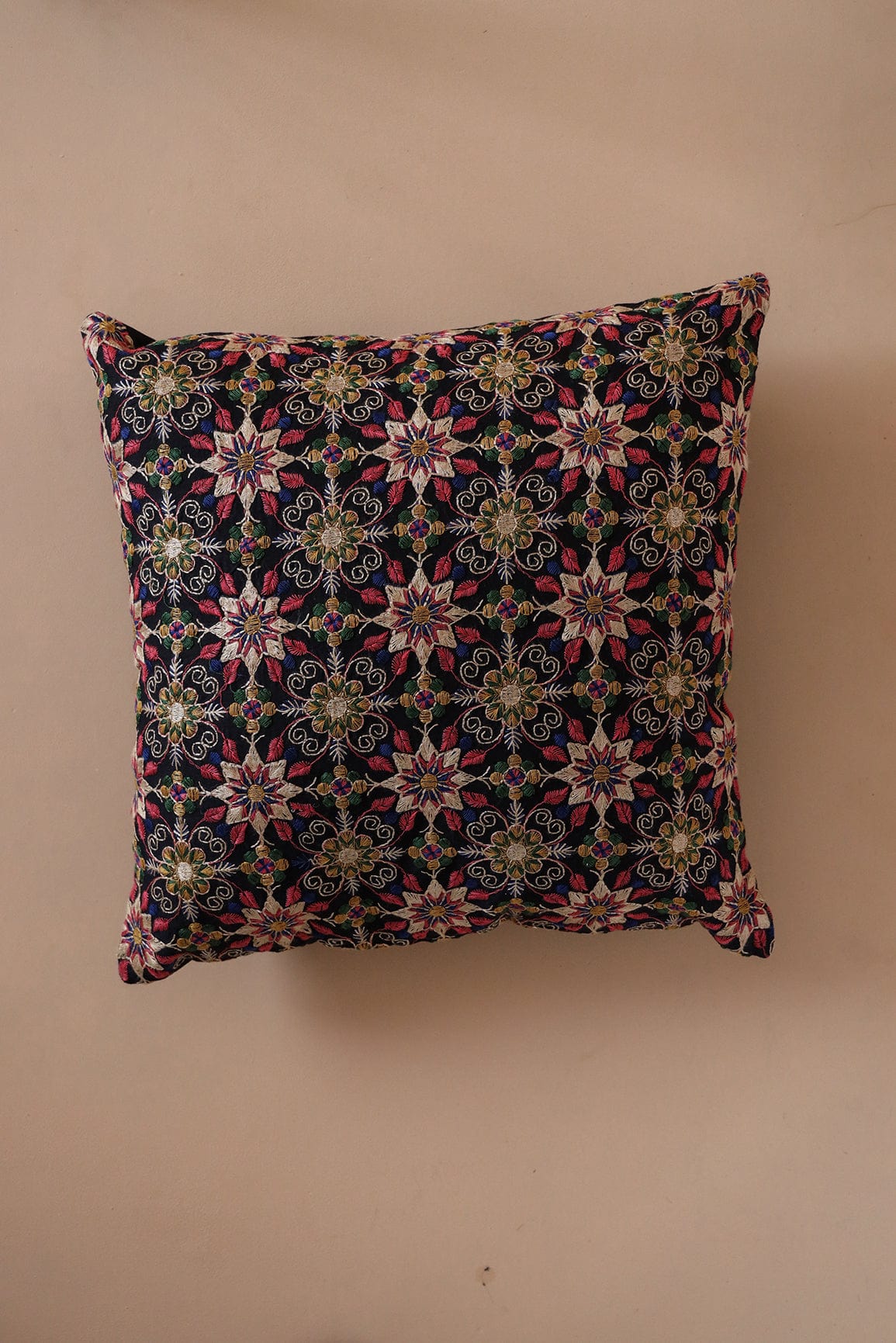 Elegant Floral Embroidery on Black cotton Cushion Cover (16*16 inches) - doeraa