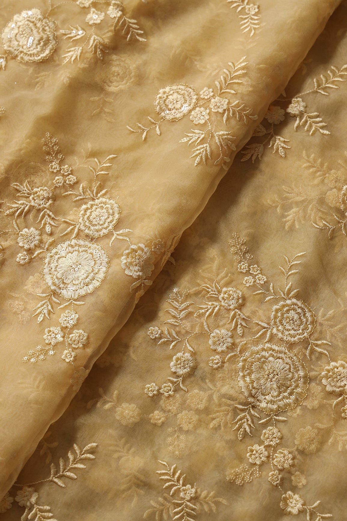 Elegant Floral Thread With Water Sequins Embroidery On Pastel Yellow Organza Fabric - doeraa