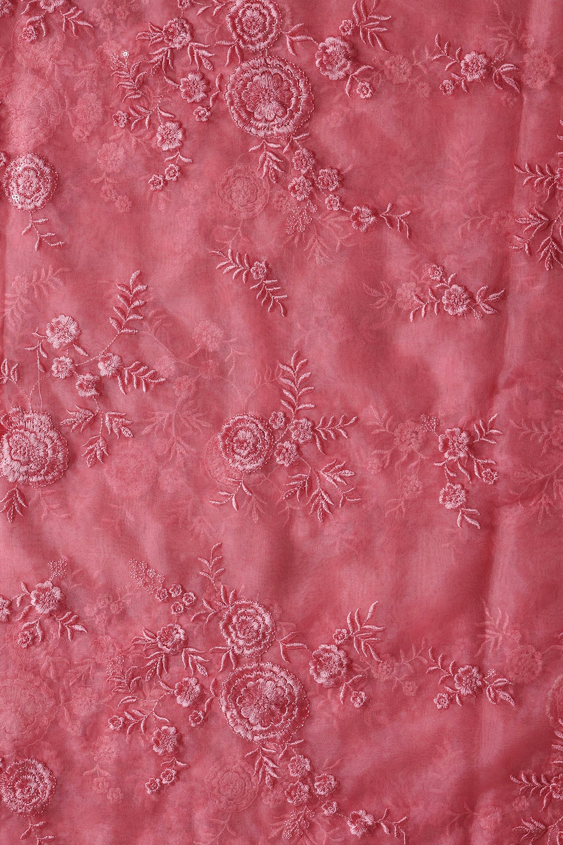 Elegant Floral Thread With Water Sequins Embroidery On Salmon Pink Organza Fabric - doeraa