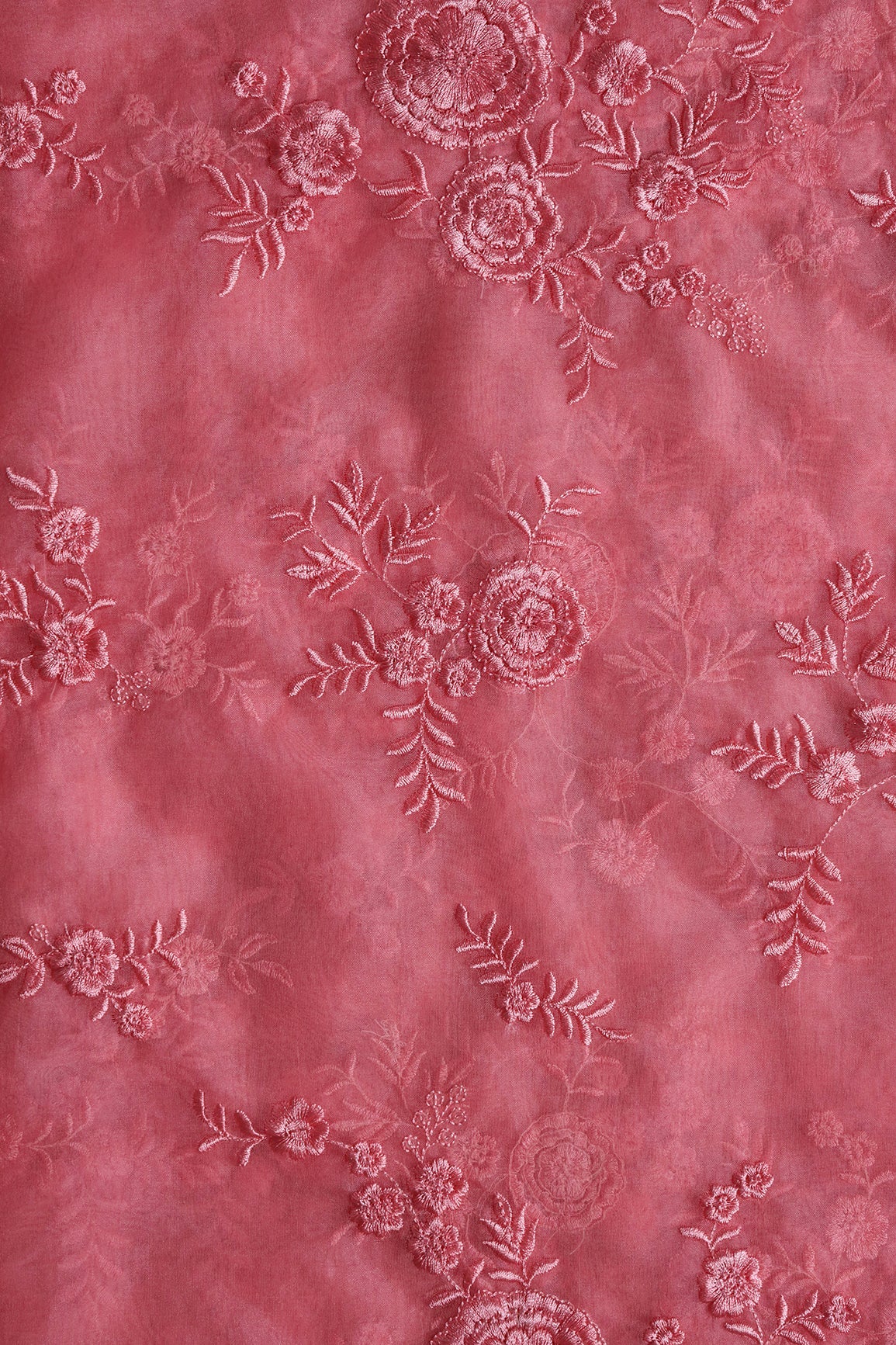 Elegant Floral Thread With Water Sequins Embroidery On Salmon Pink Organza Fabric - doeraa