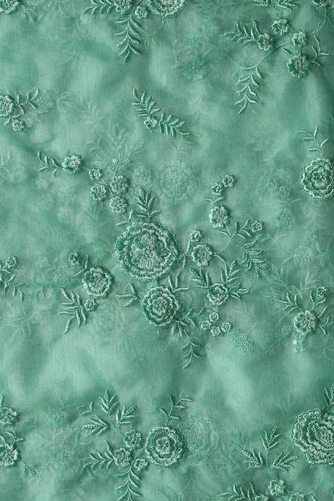 Elegant Floral Thread With Water Sequins Embroidery On Teal Organza Fabric - doeraa