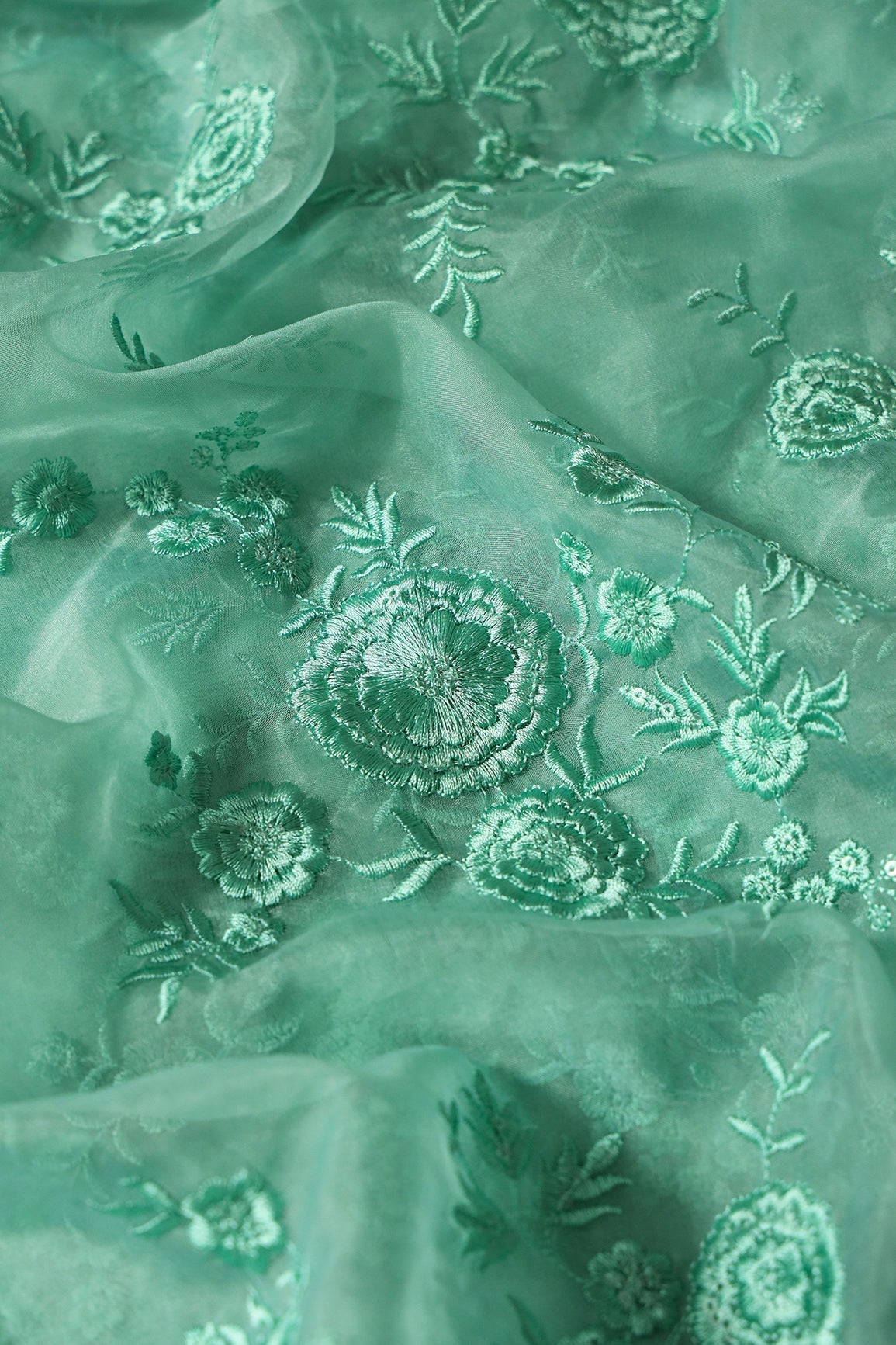 Elegant Floral Thread With Water Sequins Embroidery On Teal Organza Fabric - doeraa