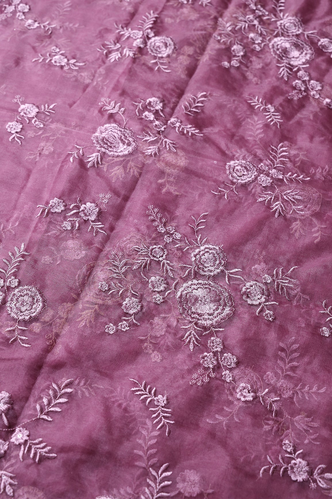 Elegant Floral Thread With Water Sequins Embroidery On Wine Organza Fabric - doeraa