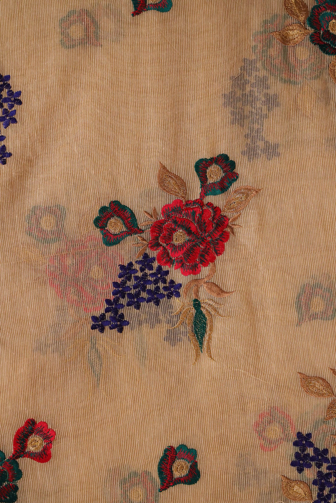 Elegant Multi Colour Floral Embroidery on Beige Kota Doria Net Fabric - doeraa