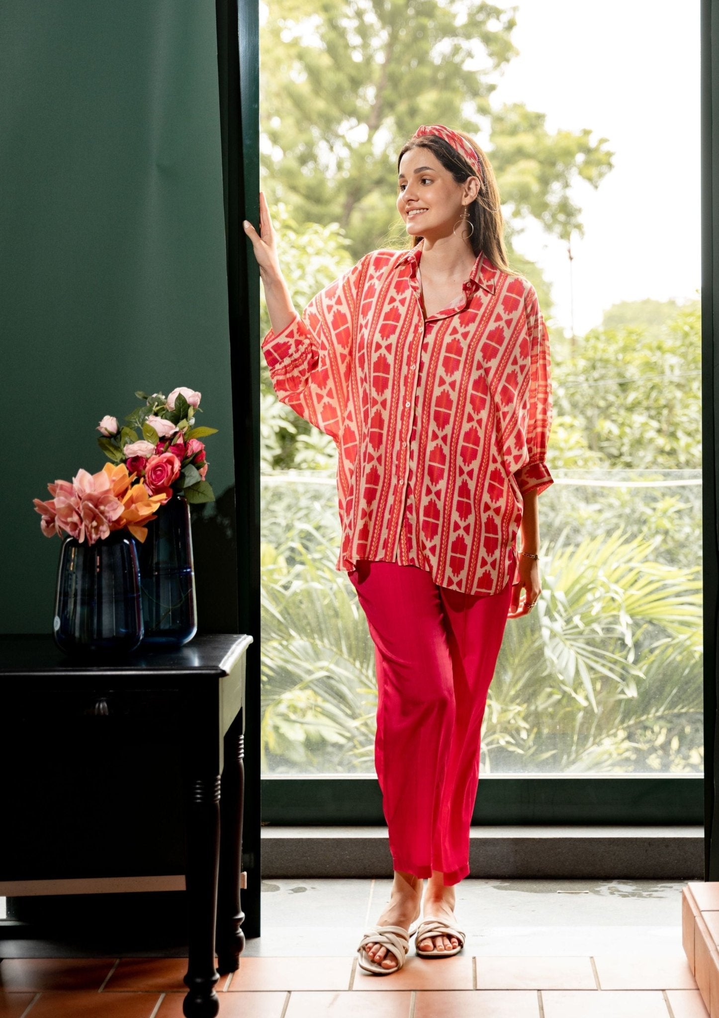 Elira Beige And Pink Crepe Indian Co - ord Set - doeraa