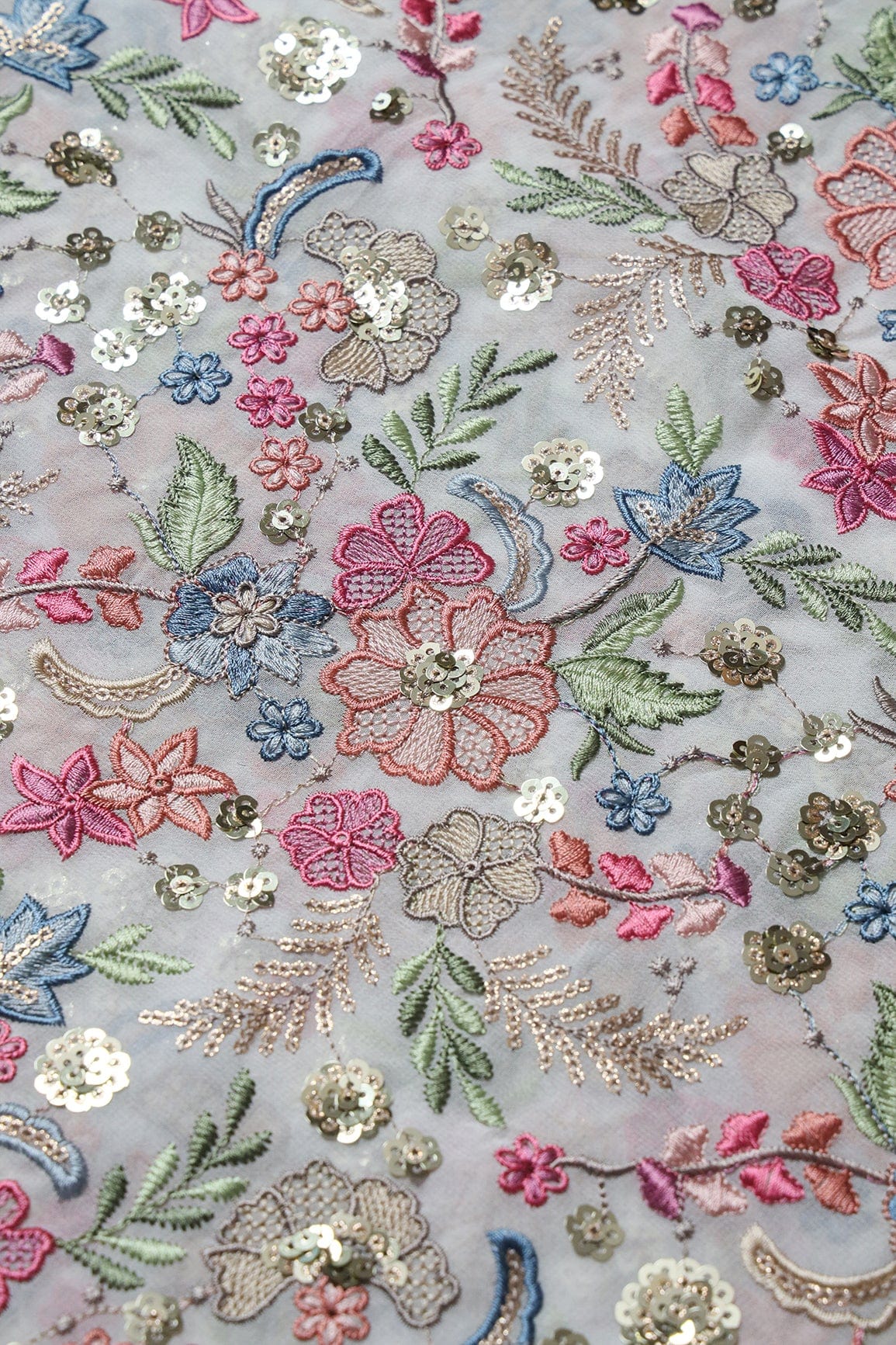 doeraa Embroidery Fabrics 1.50 Meter Cut Piece Of Delightful Pastel Thread With Gold Sequins Heavy Floral Embroidery On White Viscose Georgette Fabric