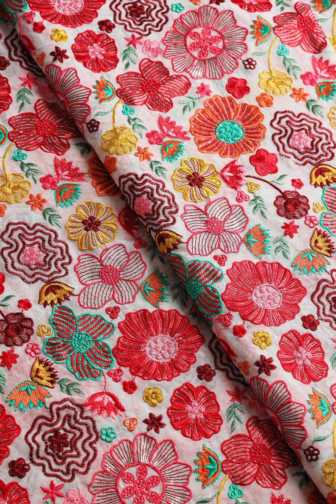 doeraa Embroidery Fabrics 1 Meter Cut Piece Of Attractive Multi Color Thread With Sequins Floral Embroidery On White Viscose Georgette Fabric