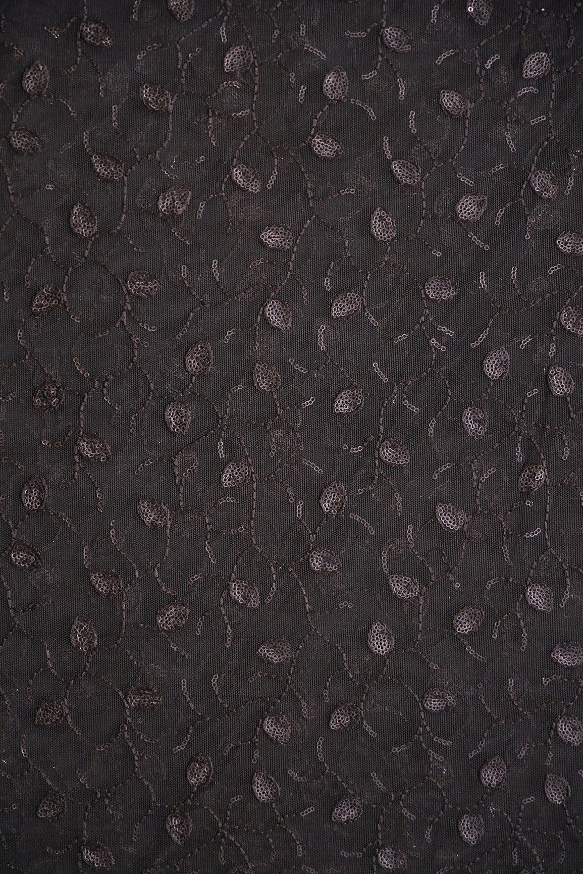 doeraa Embroidery Fabrics 1 Meter Cut Piece Of Black Sequins With Black Thread Leafy Embroidery Work On Black Soft Net Fabric