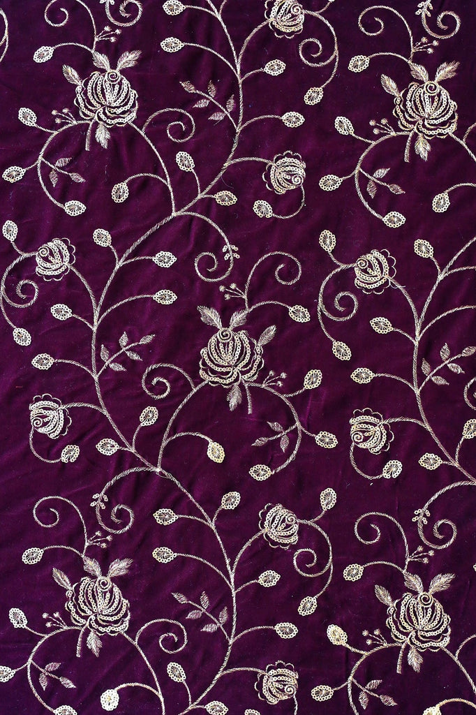 doeraa Embroidery Fabrics 1 Meter Cut Piece Of Gold Sequins With Gold Zari Beautiful Floral Embroidery On Purple Velvet Fabric