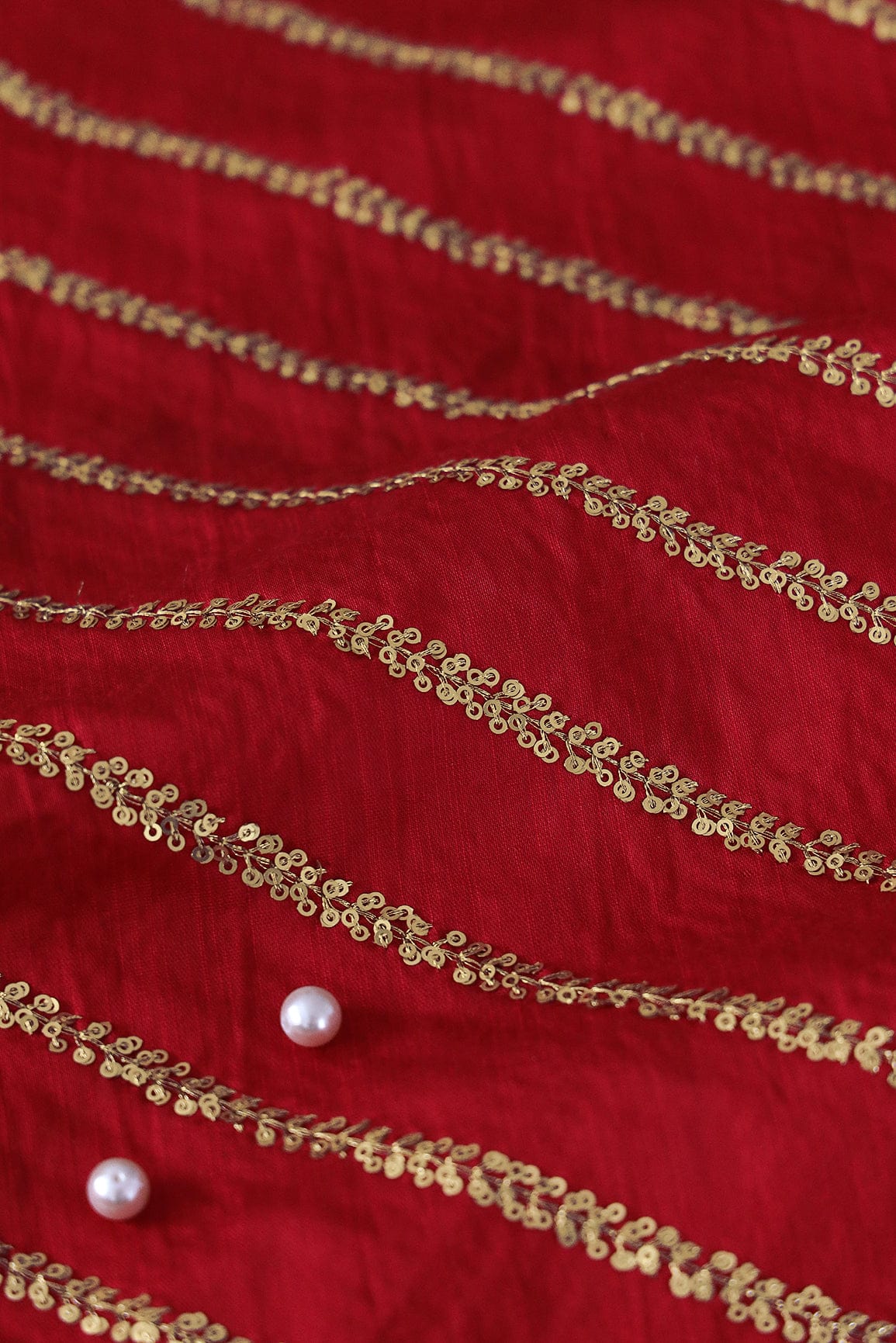 doeraa Embroidery Fabrics 1 Meter Cut Piece Of Gold Sequins With Gold Zari Stripes Embroidery Work On Red Raw Silk Fabric