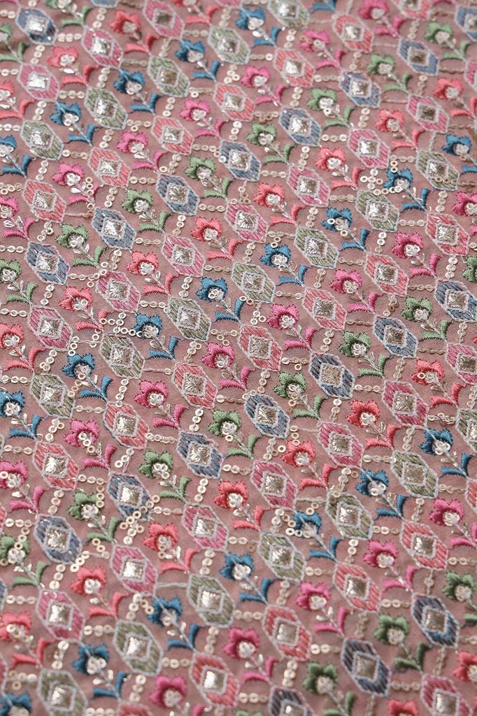 doeraa Embroidery Fabrics 1 Meter Cut Piece Of Heavy Multi Thread With Sequins Small Trellis Embroidery On Peach Viscose Georgette Fabric