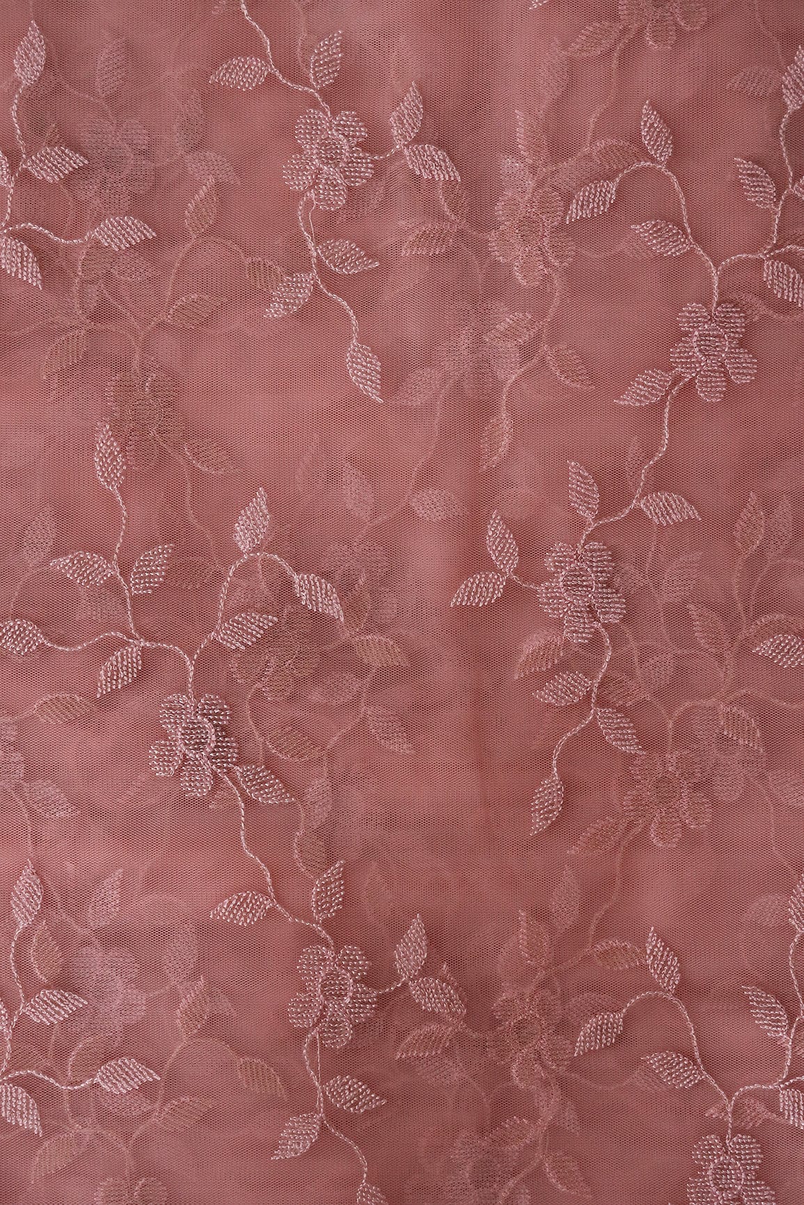 doeraa Embroidery Fabrics 1 Meter Cut Piece Of Light Pink Thread With Silver Sequins Floral Embroidery Work On Light Pink Soft Net Fabric