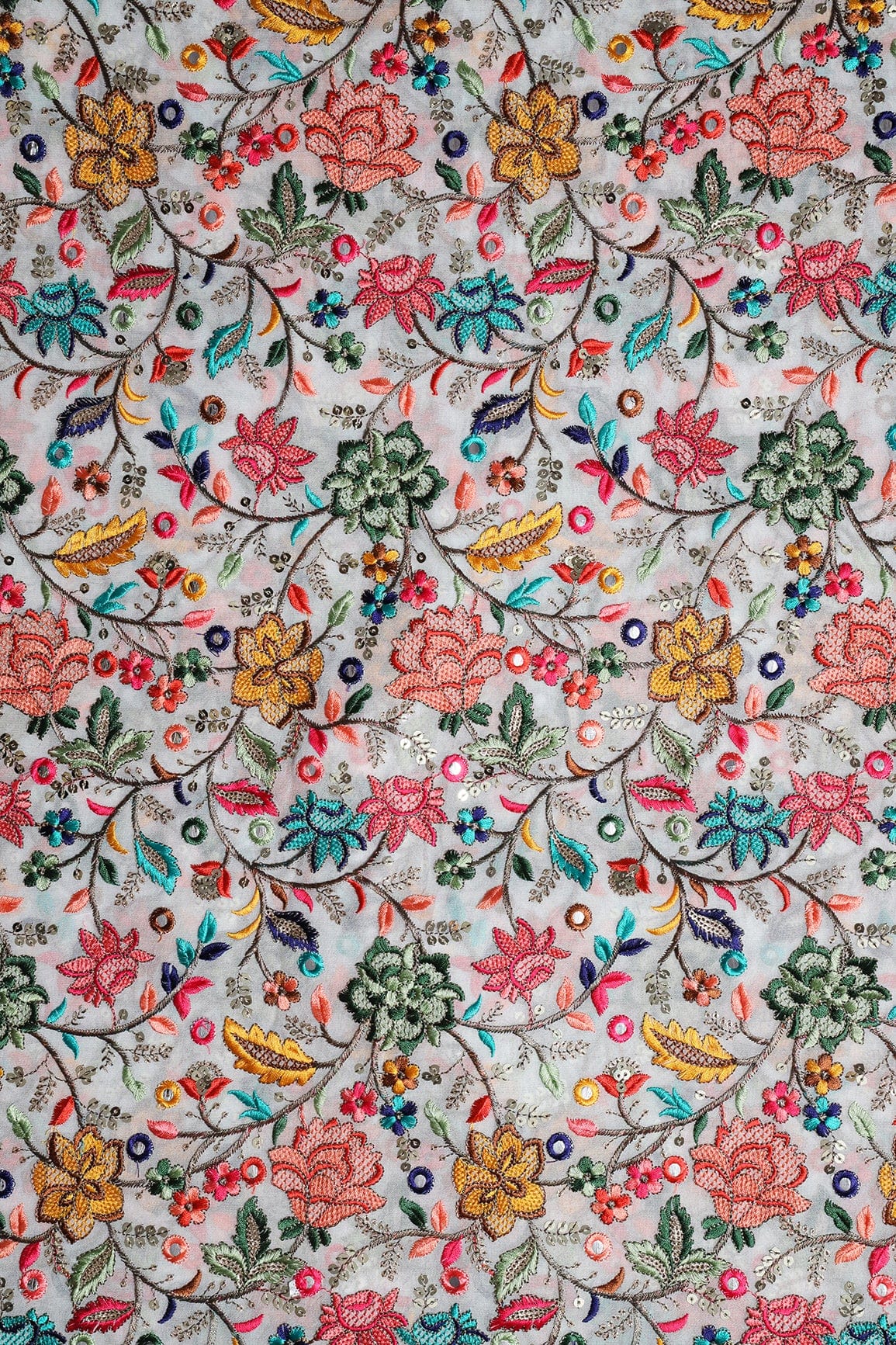 doeraa Embroidery Fabrics 1 meter Cut piece Of Multi Color Thread With Gold Sequins Exclusive Heavy Floral Embroidery On White Viscose Georgette Fabric
