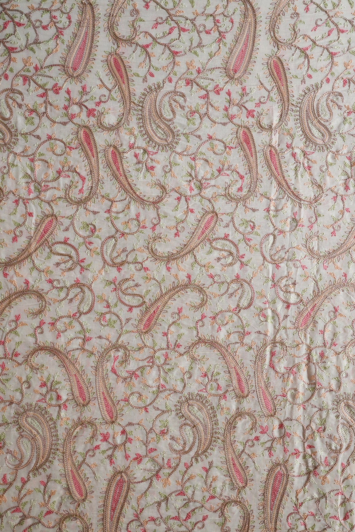 doeraa Embroidery Fabrics 2 Meter Cut Piece Of Multi Thread Beautiful Heavy Paisley Kashmiri Embroidery Work On Off White Organic Cotton Fabric