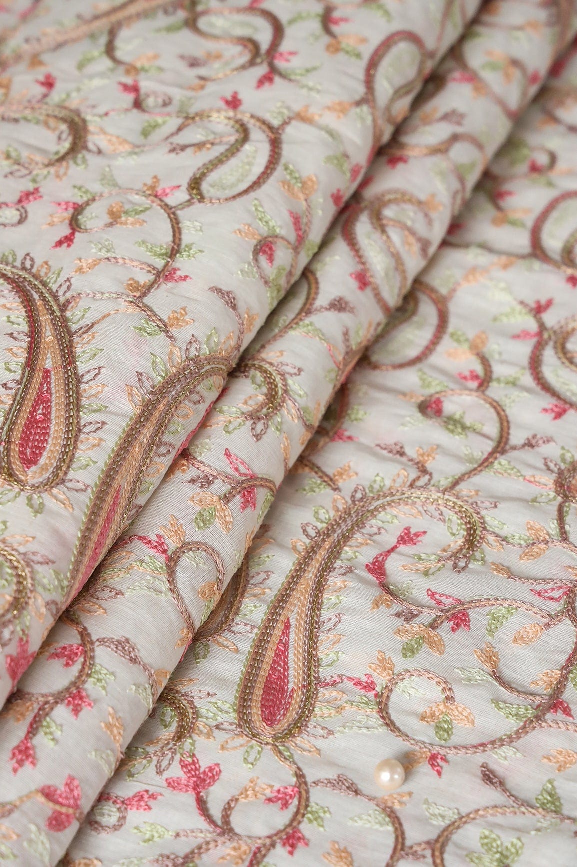 doeraa Embroidery Fabrics 2 Meter Cut Piece Of Multi Thread Beautiful Heavy Paisley Kashmiri Embroidery Work On Off White Organic Cotton Fabric