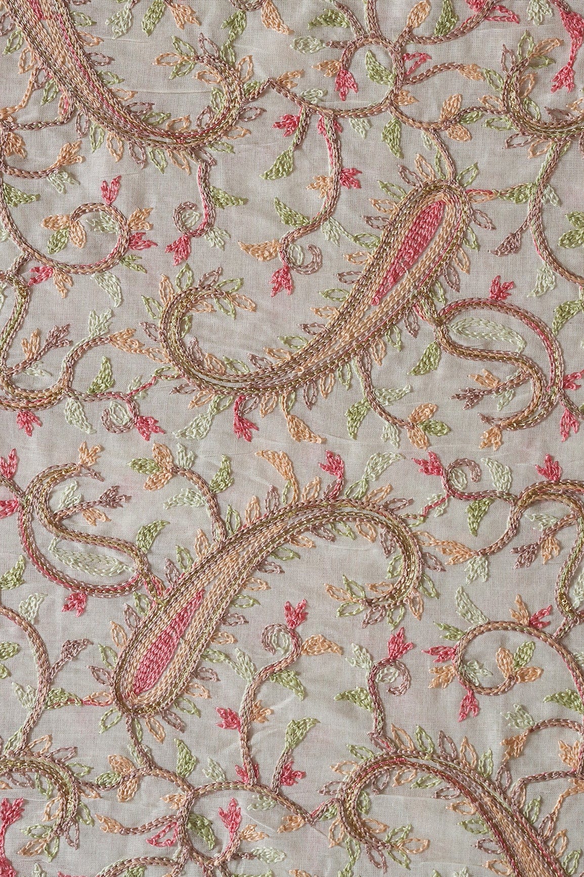 doeraa Embroidery Fabrics 2 Meter Cut Piece Of Multi Thread Beautiful Heavy Paisley Kashmiri Embroidery Work On Off White Organic Cotton Fabric