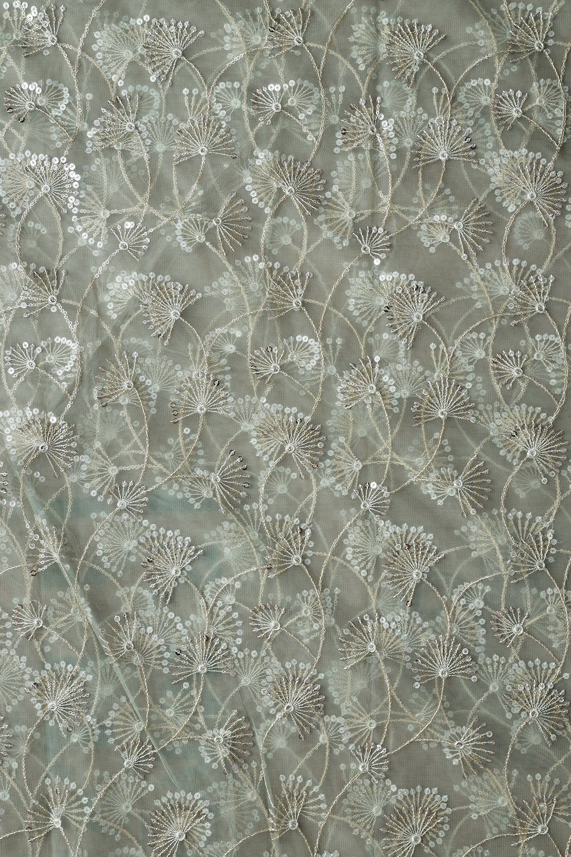 doeraa Embroidery Fabrics 4.25 Meter Cut Piece Of Olive Thread With Gold And Silver Sequins Floral Embroidery On Olive Soft Net Fabric