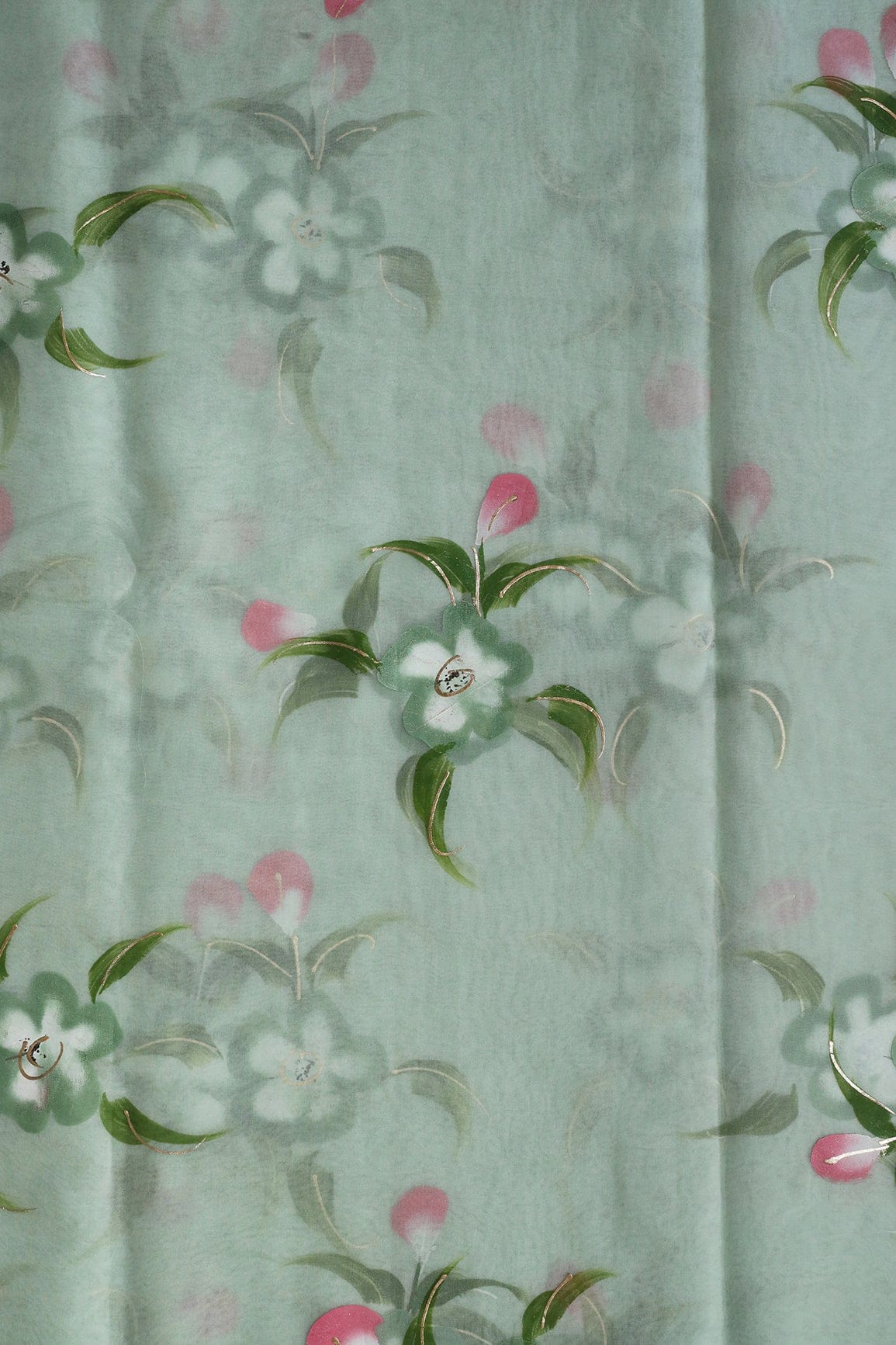 doeraa Embroidery Fabrics Beautiful Floral Hand Painted With Foil Work On Olive Organza Fabric
