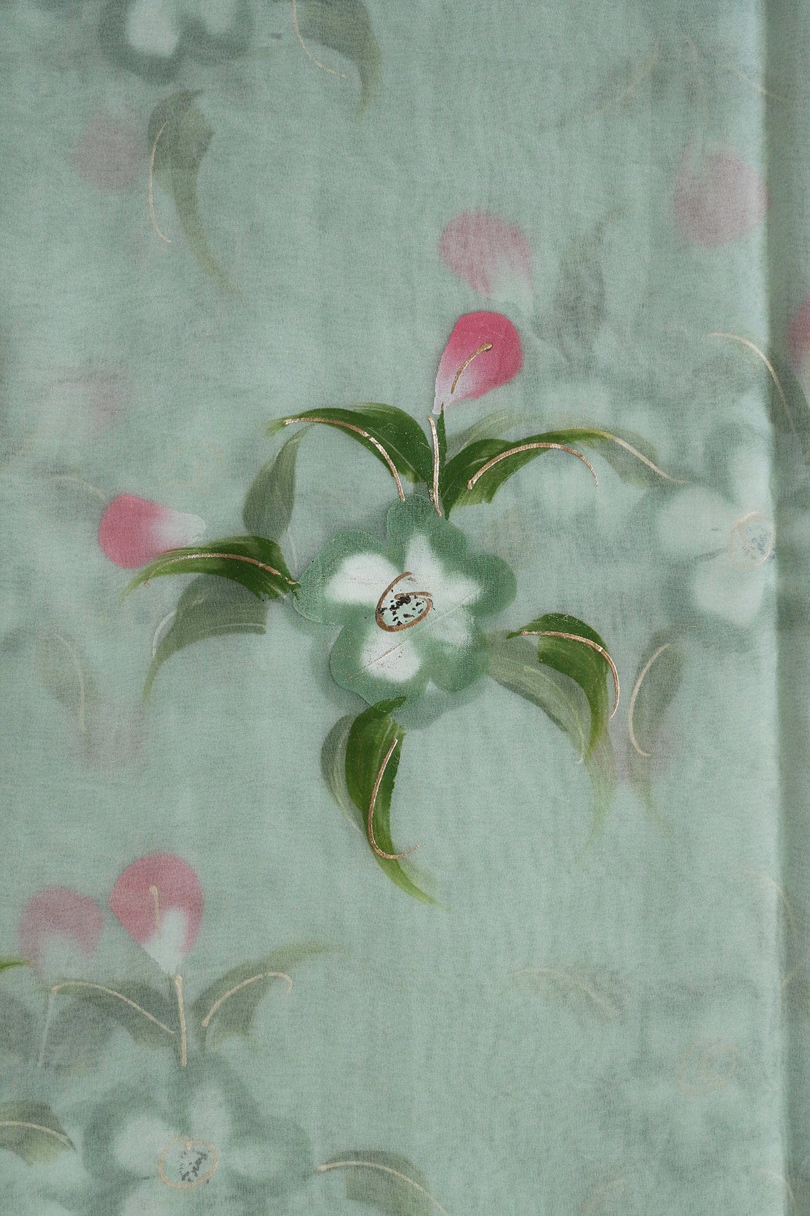 doeraa Embroidery Fabrics Beautiful Floral Hand Painted With Foil Work On Olive Organza Fabric