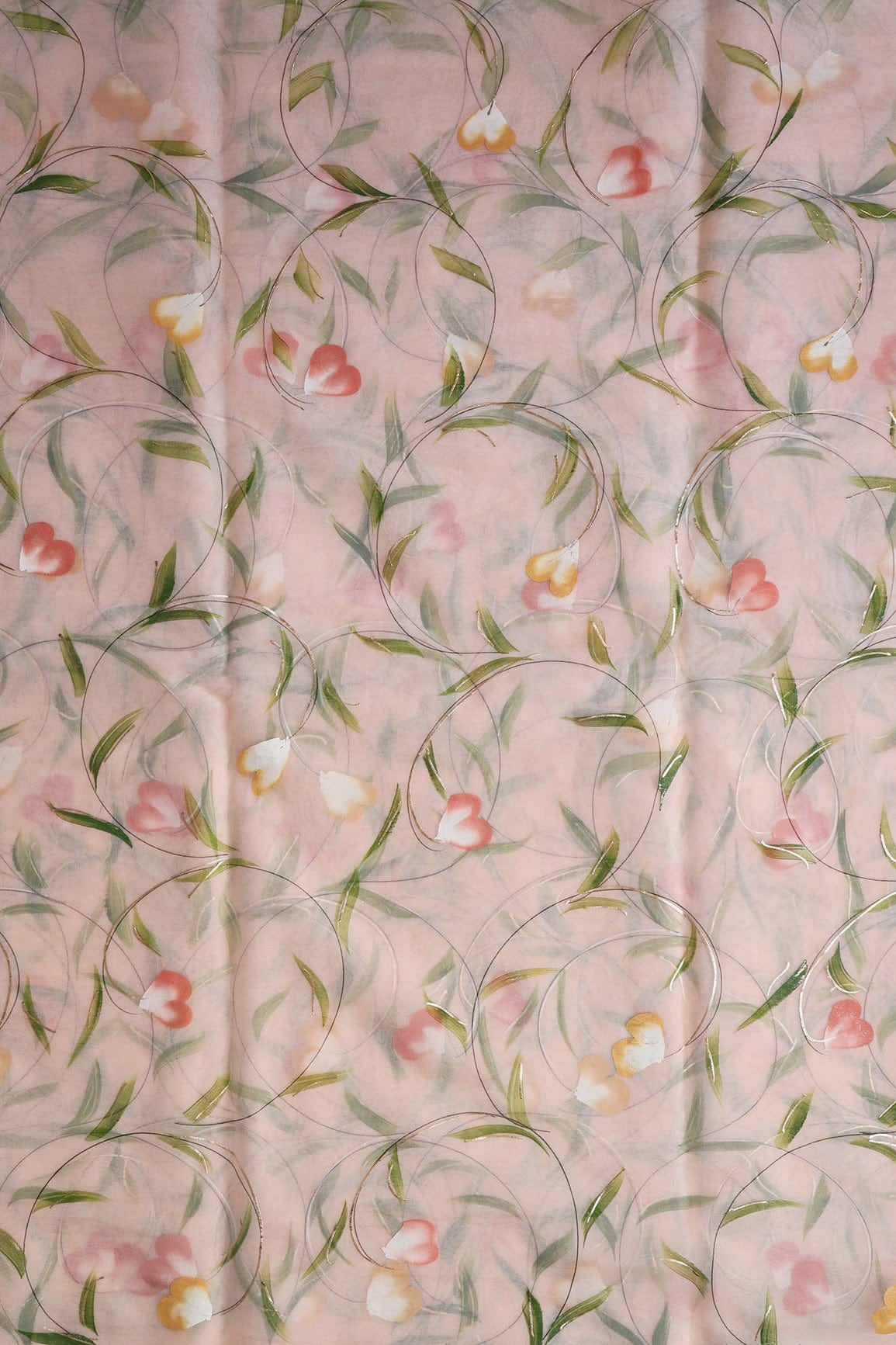 doeraa Embroidery Fabrics Beautiful Floral Hand Painted With Foil Work On Peach Organza Fabric