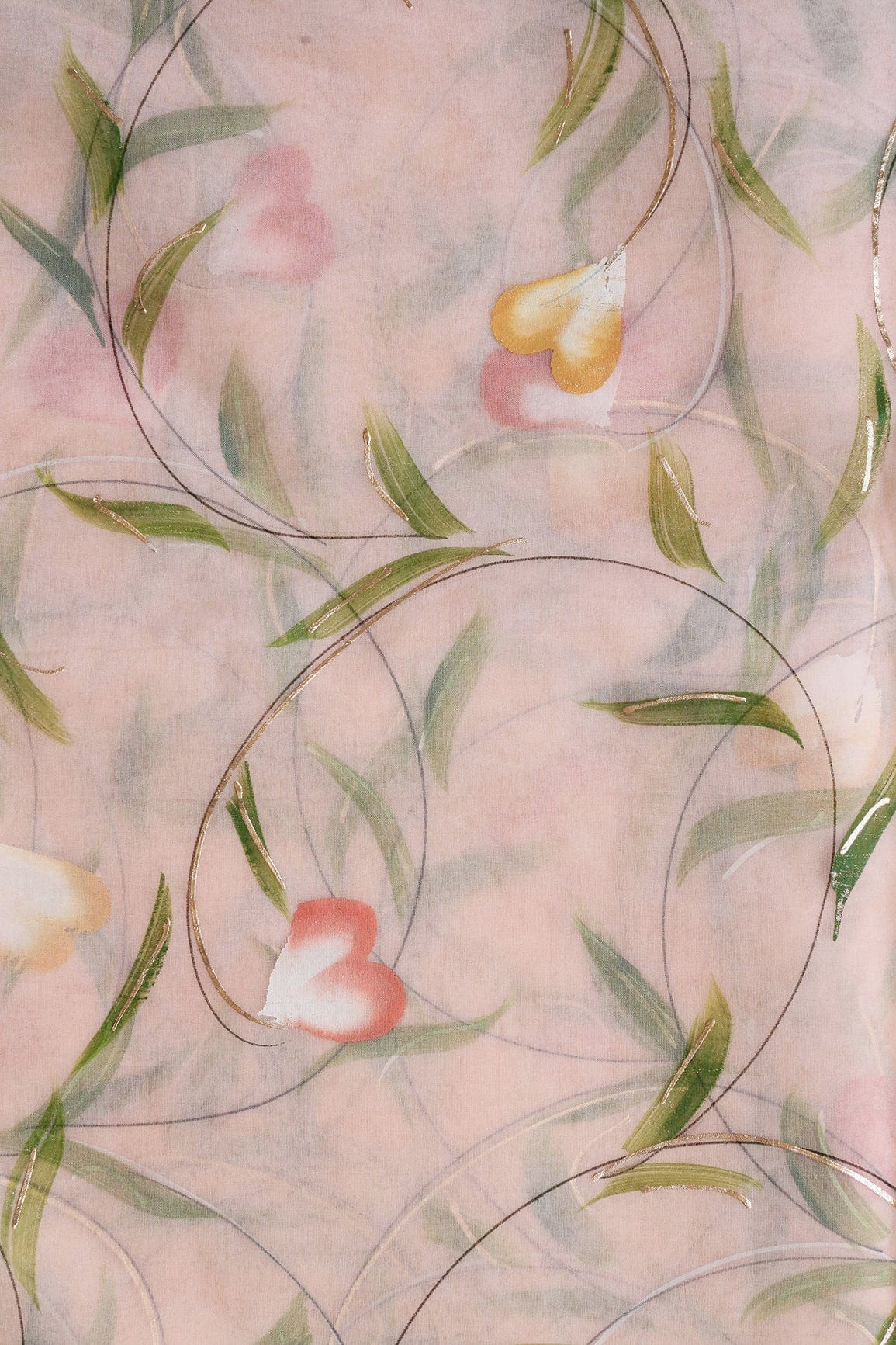 doeraa Embroidery Fabrics Beautiful Floral Hand Painted With Foil Work On Peach Organza Fabric