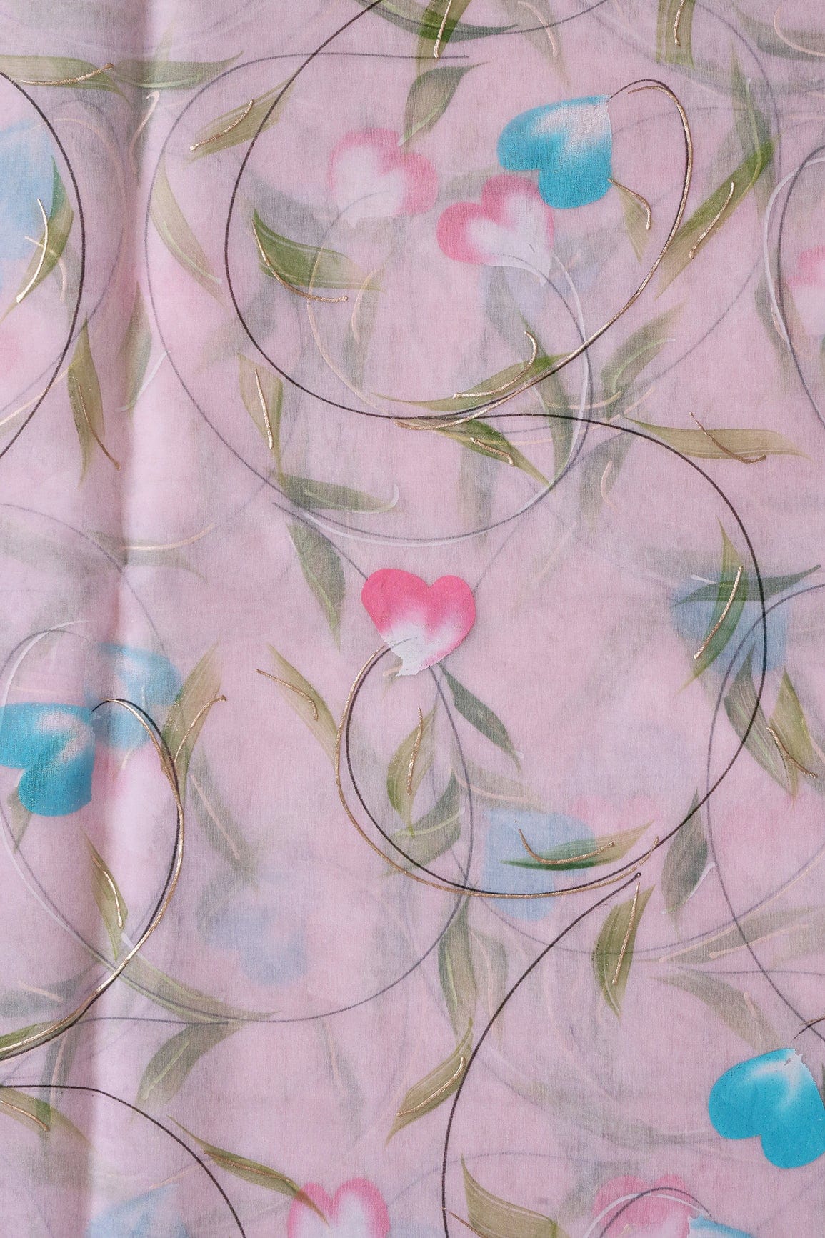 doeraa Embroidery Fabrics Beautiful Floral Hand Painted With Foil Work On Pink Organza Fabric