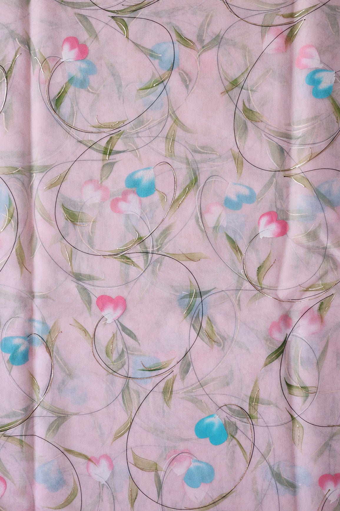 doeraa Embroidery Fabrics Beautiful Floral Hand Painted With Foil Work On Pink Organza Fabric