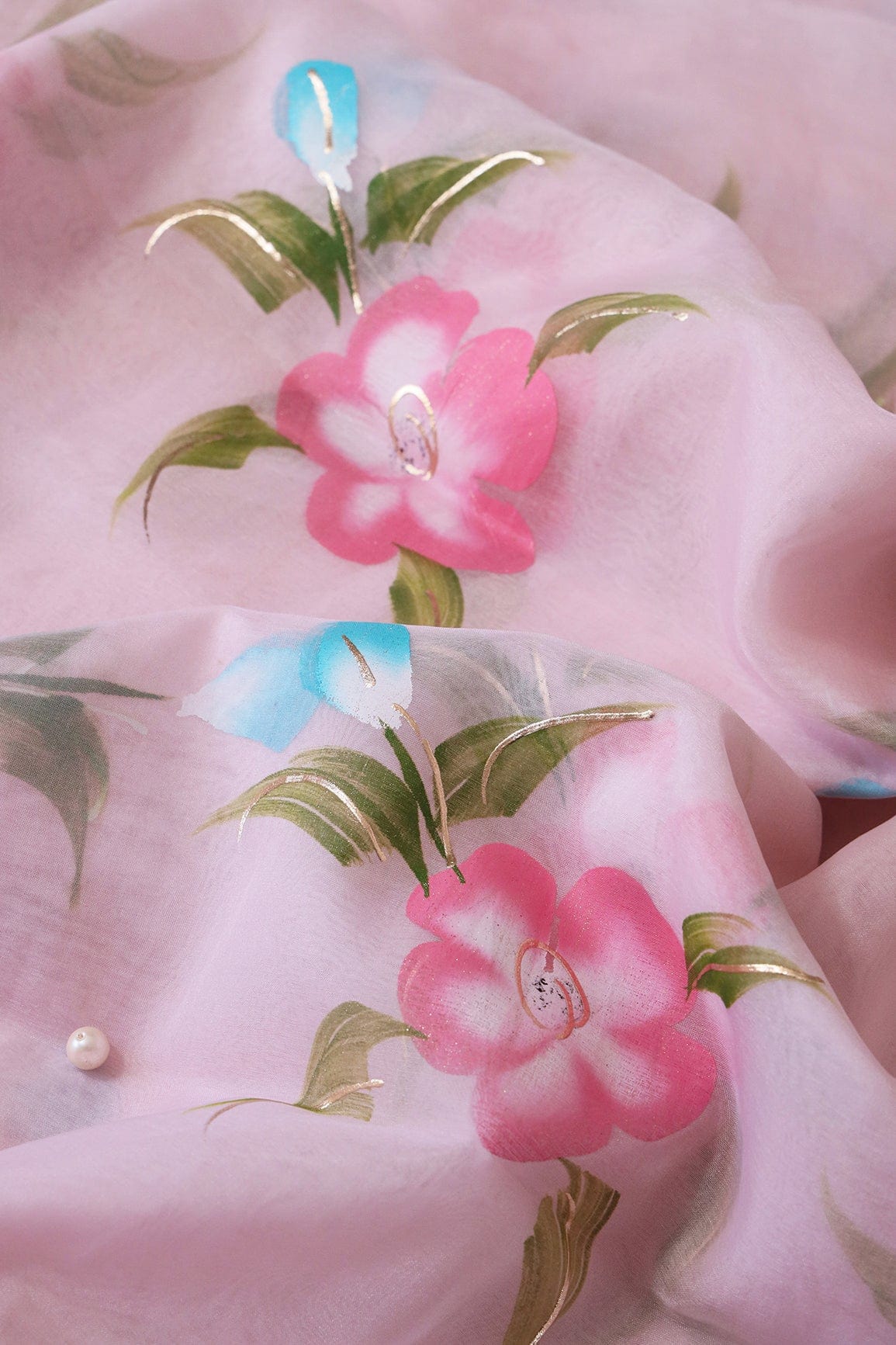 doeraa Embroidery Fabrics Beautiful Floral Hand Painted With Foil Work On Pink Organza Fabric
