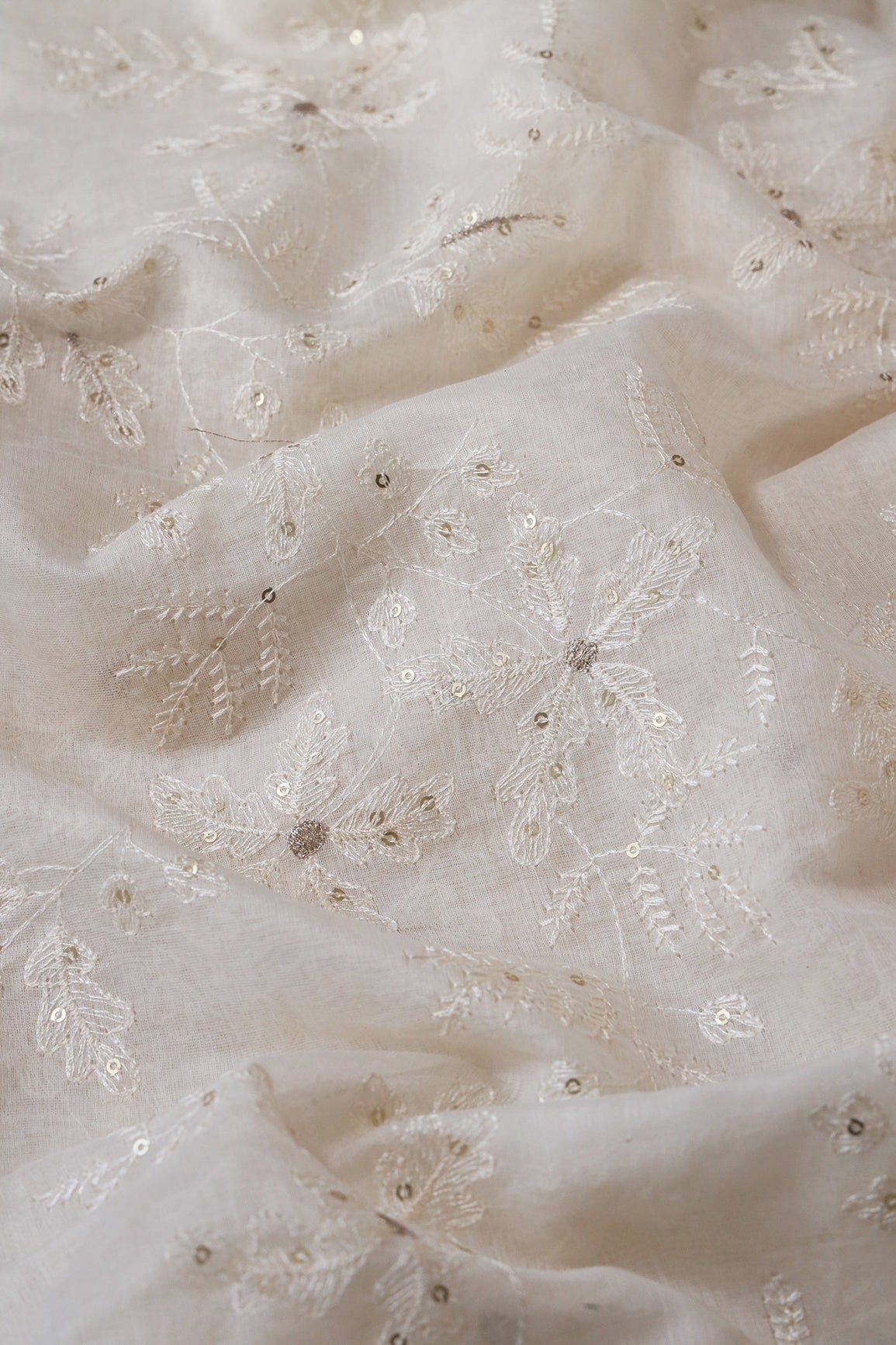 doeraa Embroidery Fabrics Beautiful Gold Sequins With Floral Embroidery On Cream Pure Chanderi Silk Fabric
