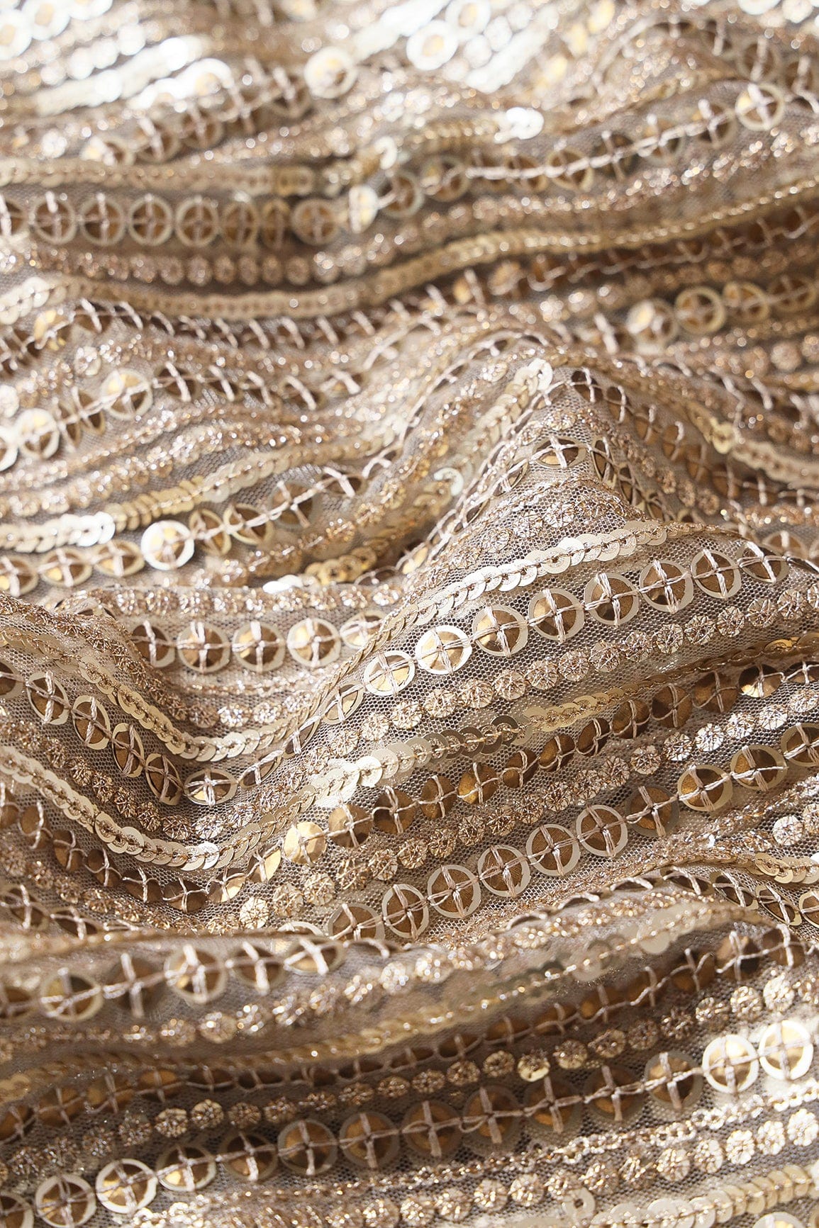 doeraa Embroidery Fabrics Beautiful Heavy Sequins With Zari Stripes Embroidery On Beige Soft Net Fabric