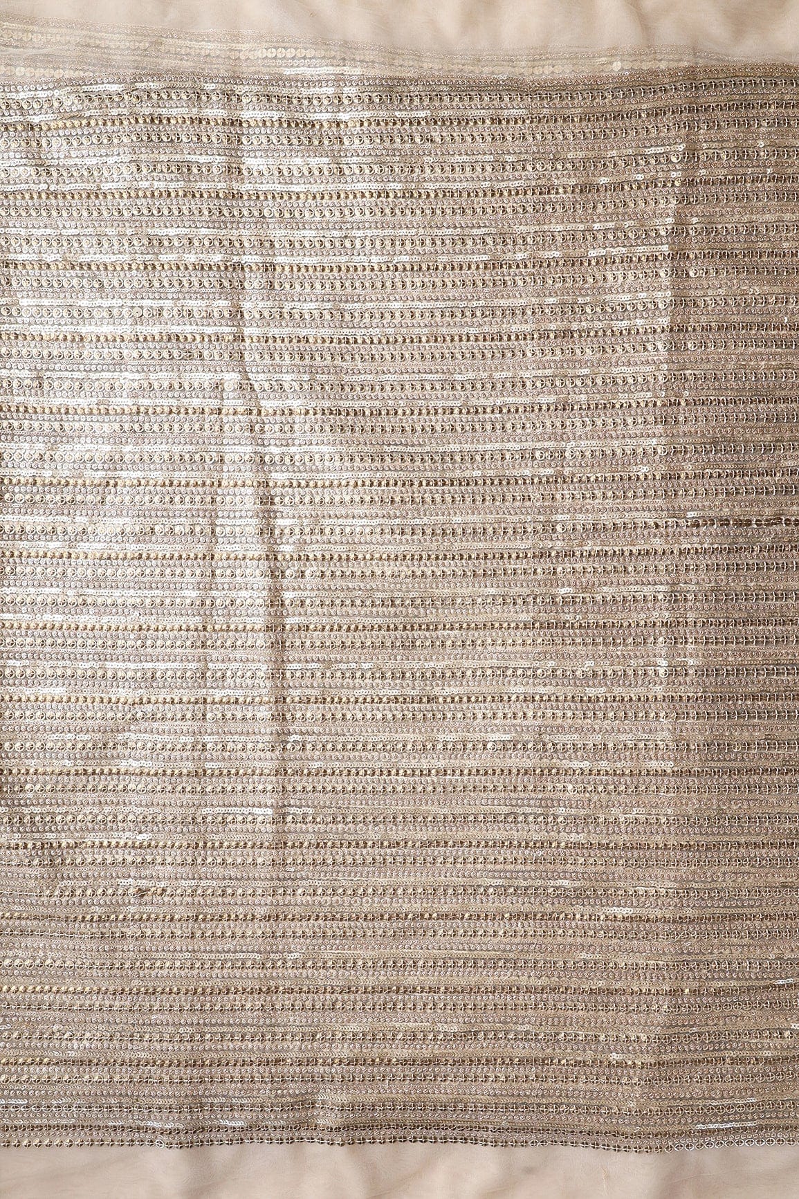 doeraa Embroidery Fabrics Beautiful Heavy Sequins With Zari Stripes Embroidery On Beige Soft Net Fabric