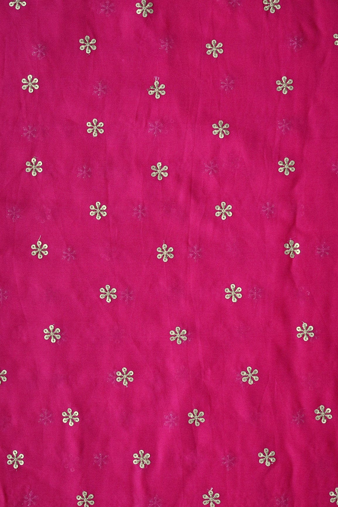 doeraa Embroidery Fabrics Gold Sequins With Gold Zari Beautiful Small Motif Embroidery On Fuchsia Viscose Georgette Fabric