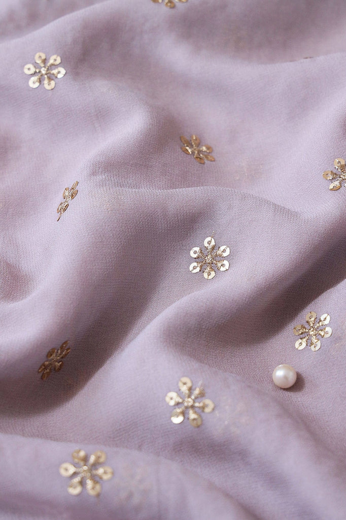 doeraa Embroidery Fabrics Gold Sequins With Gold Zari Beautiful Small Motif Embroidery On Light Lilac Viscose Georgette Fabric