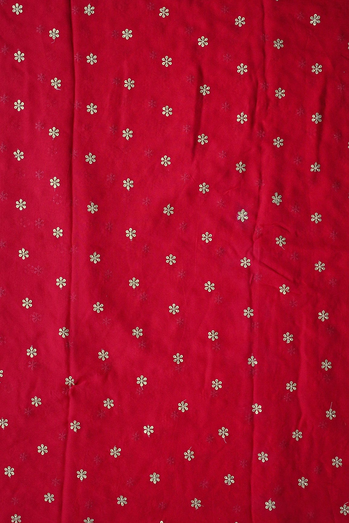 doeraa Embroidery Fabrics Gold Sequins With Gold Zari Beautiful Small Motif Embroidery On Red Viscose Georgette Fabric