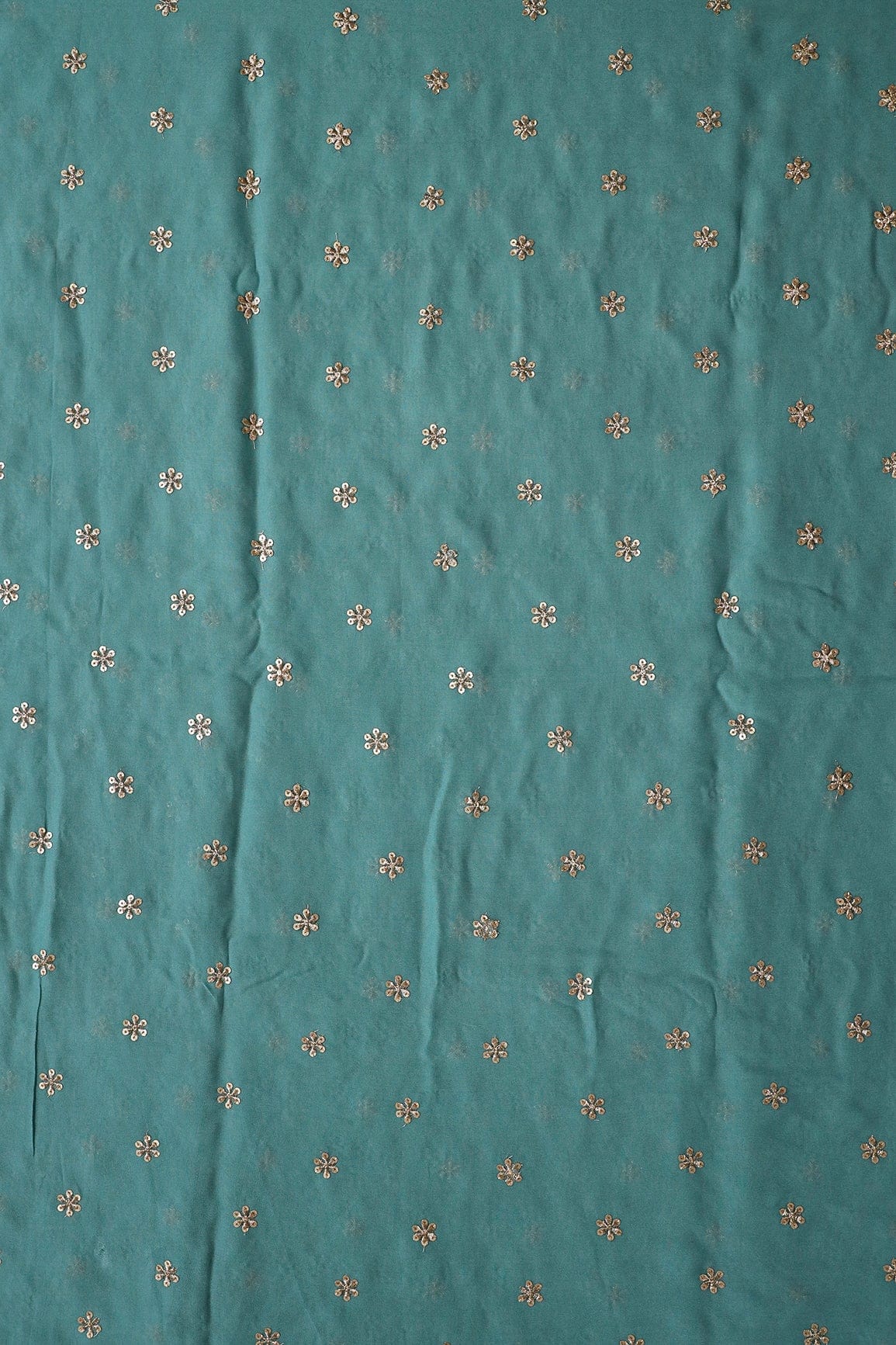 doeraa Embroidery Fabrics Gold Sequins With Gold Zari Beautiful Small Motif Embroidery On Teal Viscose Georgette Fabric