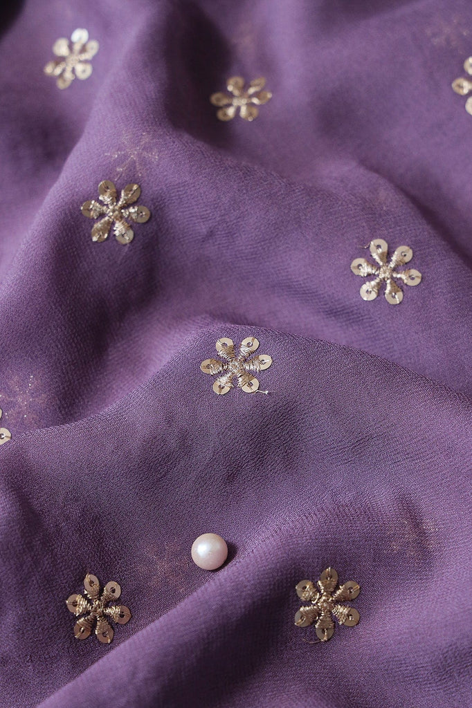 doeraa Embroidery Fabrics Gold Sequins With Gold Zari Beautiful Small Motif Embroidery On Viola Purple Viscose Georgette Fabric
