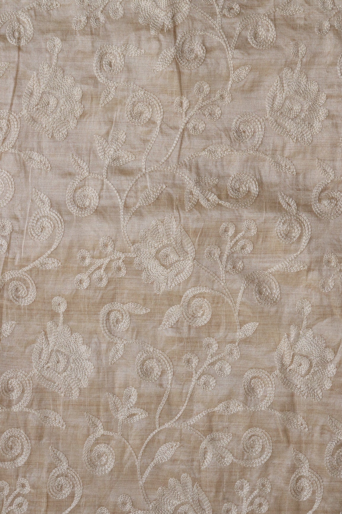 doeraa Embroidery Fabrics Off White Thread Beautiful Heavy Floral Embroidery Work On Beige Mulberry Silk Fabric