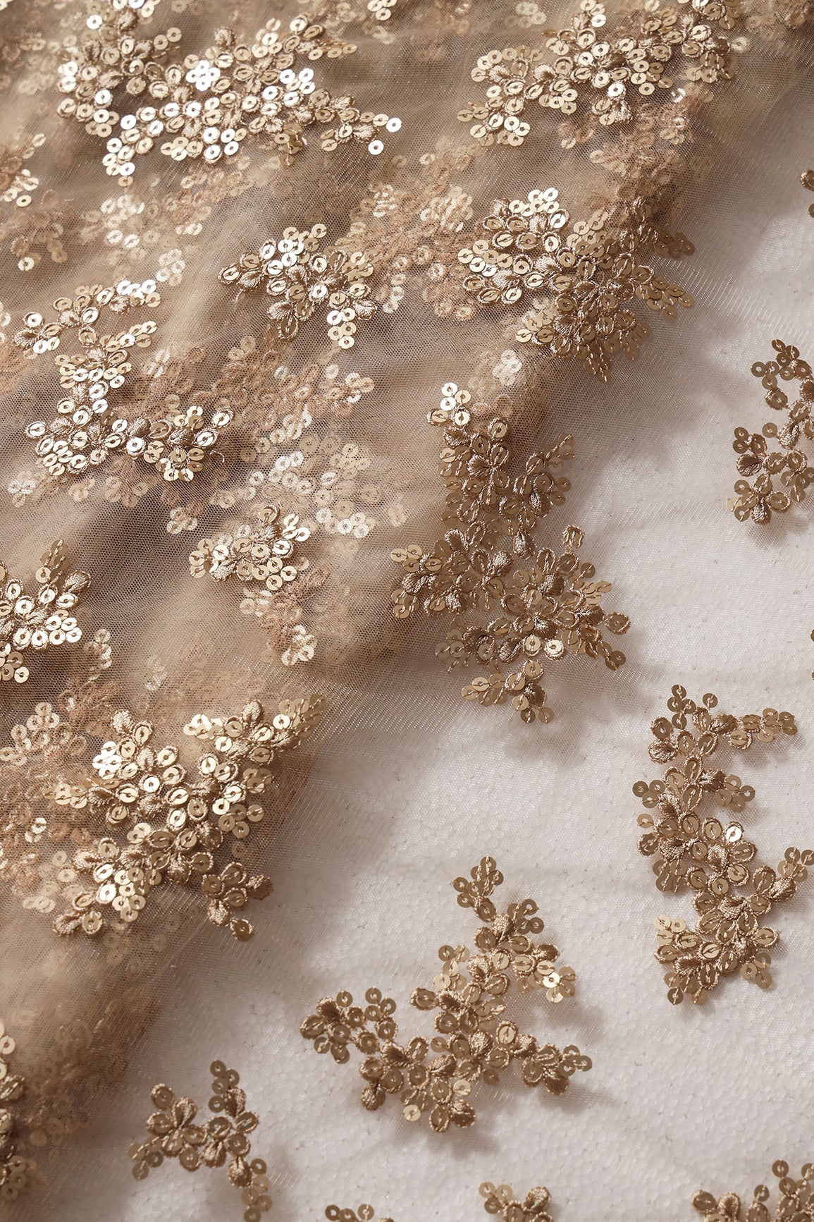 Exclusive Beige Thread With Sequins Abstract Embroidery Work On Beige Soft Net Fabric - doeraa