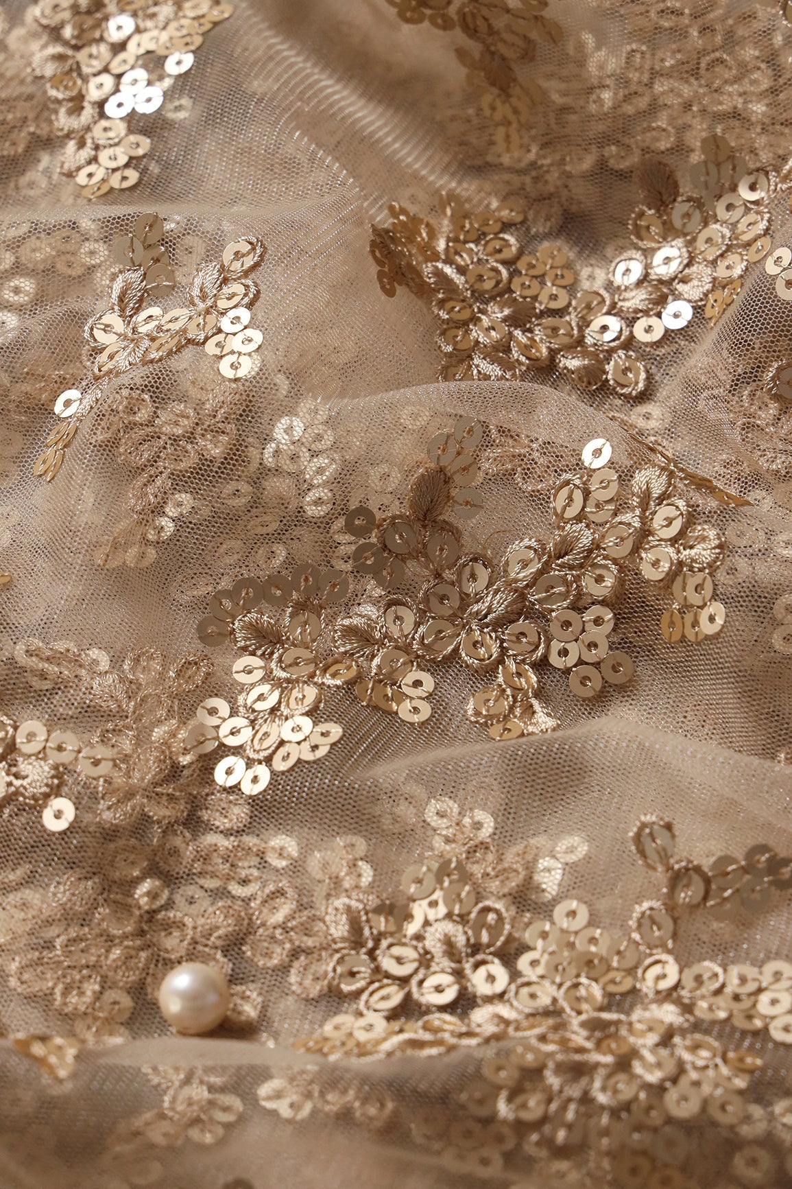 Exclusive Beige Thread With Sequins Abstract Embroidery Work On Beige Soft Net Fabric - doeraa