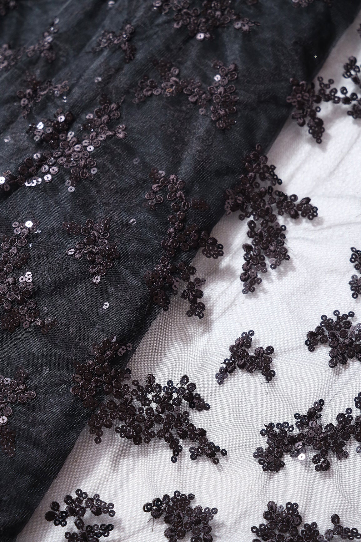 Exclusive Black Thread With Sequins Abstract Embroidery Work On Black Soft Net Fabric - doeraa