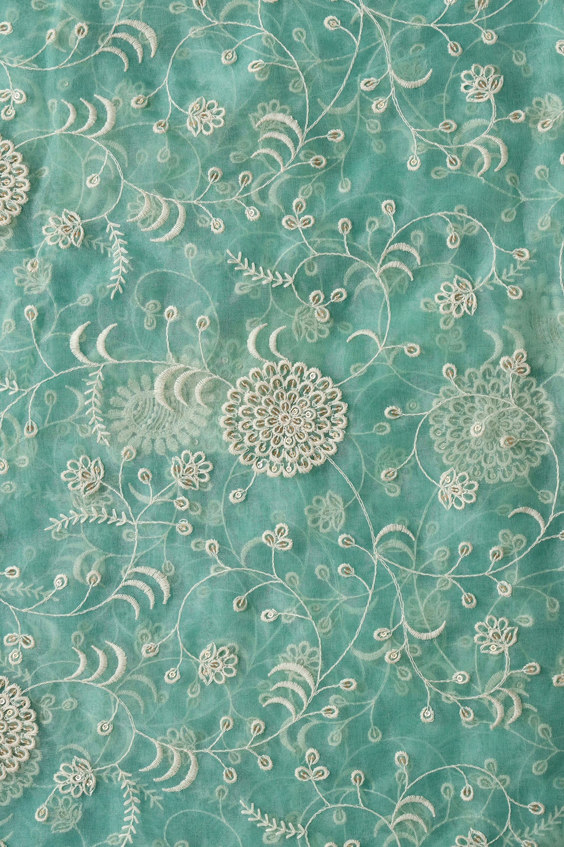 Exclusive Gold Matte Sequins With White Thread Floral Embroidery On Teal Organza Fabric - doeraa