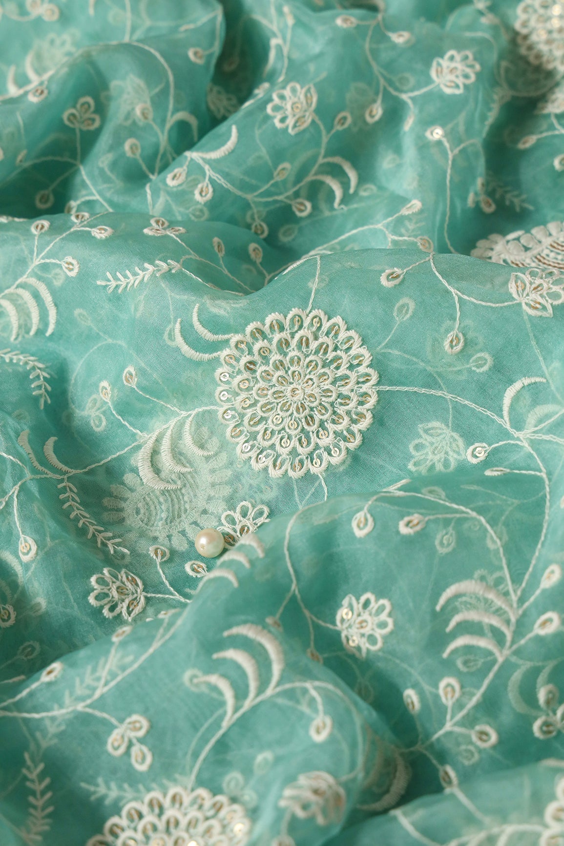 Exclusive Gold Matte Sequins With White Thread Floral Embroidery On Teal Organza Fabric - doeraa