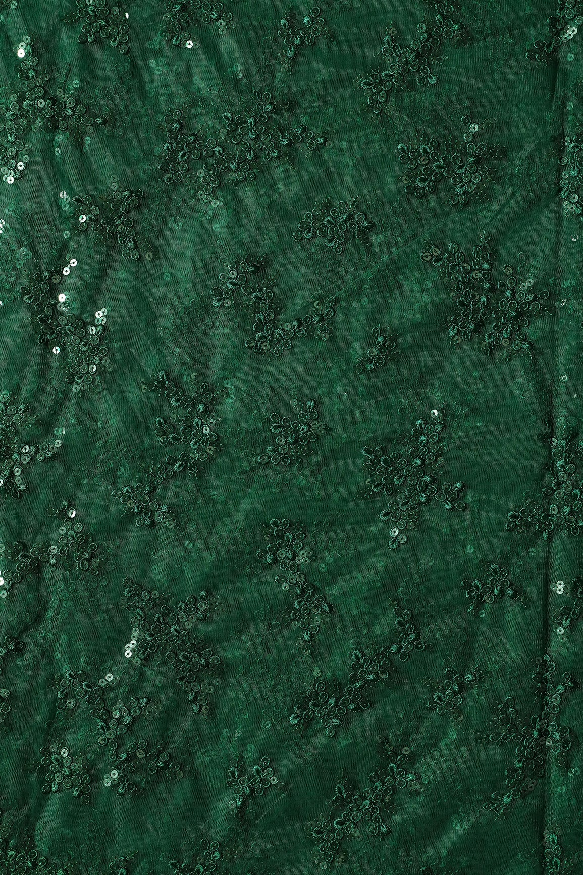 Exclusive Green Thread With Sequins Abstract Embroidery Work On Bottle Green Soft Net Fabric - doeraa