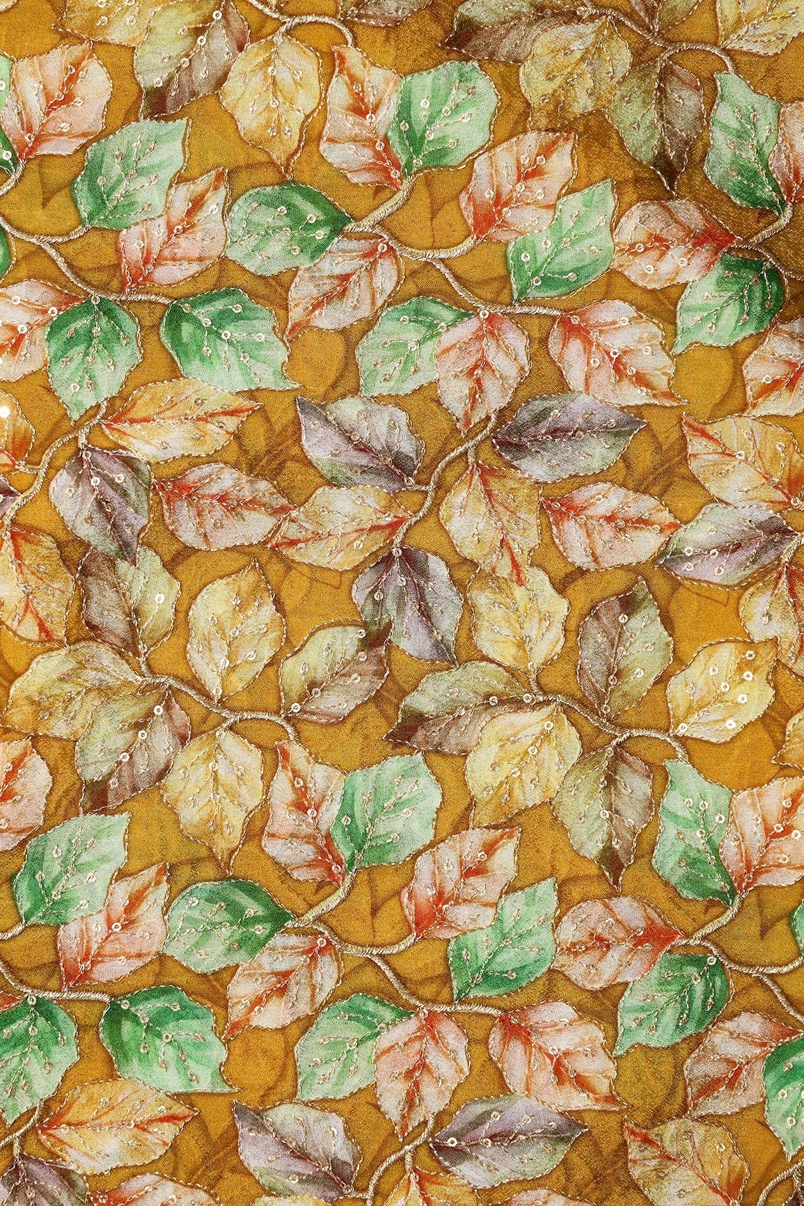 Exclusive Leafy Position Print On Sequins Embroidery Mustard Viscose Chinnon Chiffon Fabric - doeraa