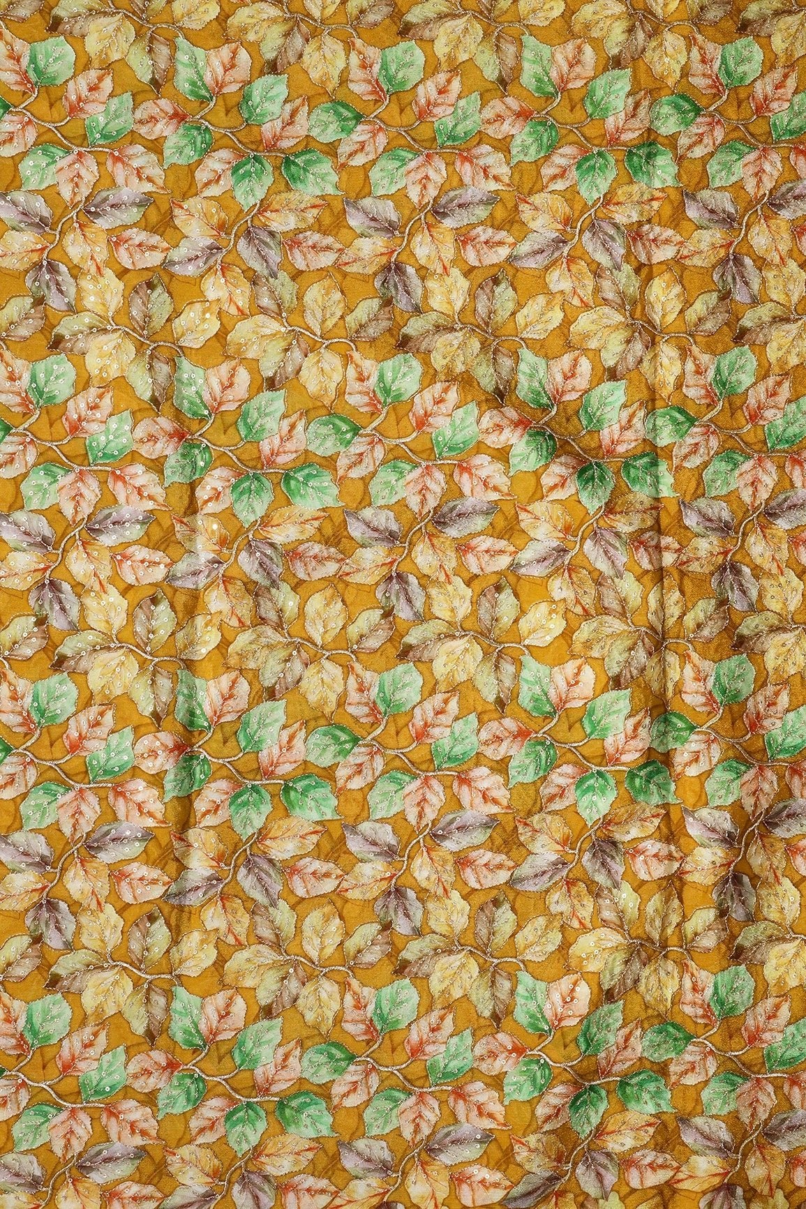 Exclusive Leafy Position Print On Sequins Embroidery Mustard Viscose Chinnon Chiffon Fabric - doeraa