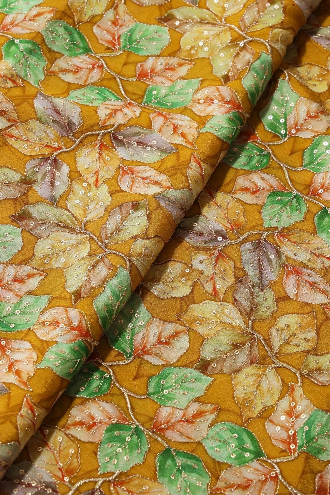 Exclusive Leafy Position Print On Sequins Embroidery Mustard Viscose Chinnon Chiffon Fabric - doeraa
