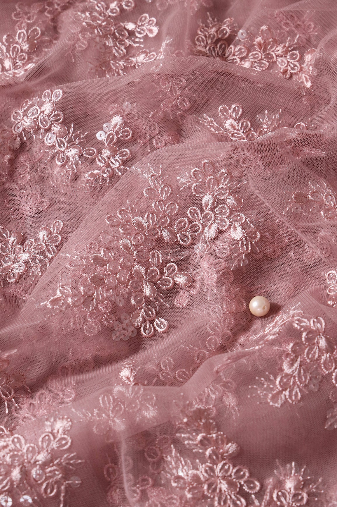 Exclusive Mauve Thread With Sequins Abstract Embroidery Work On Mauve Soft Net Fabric - doeraa
